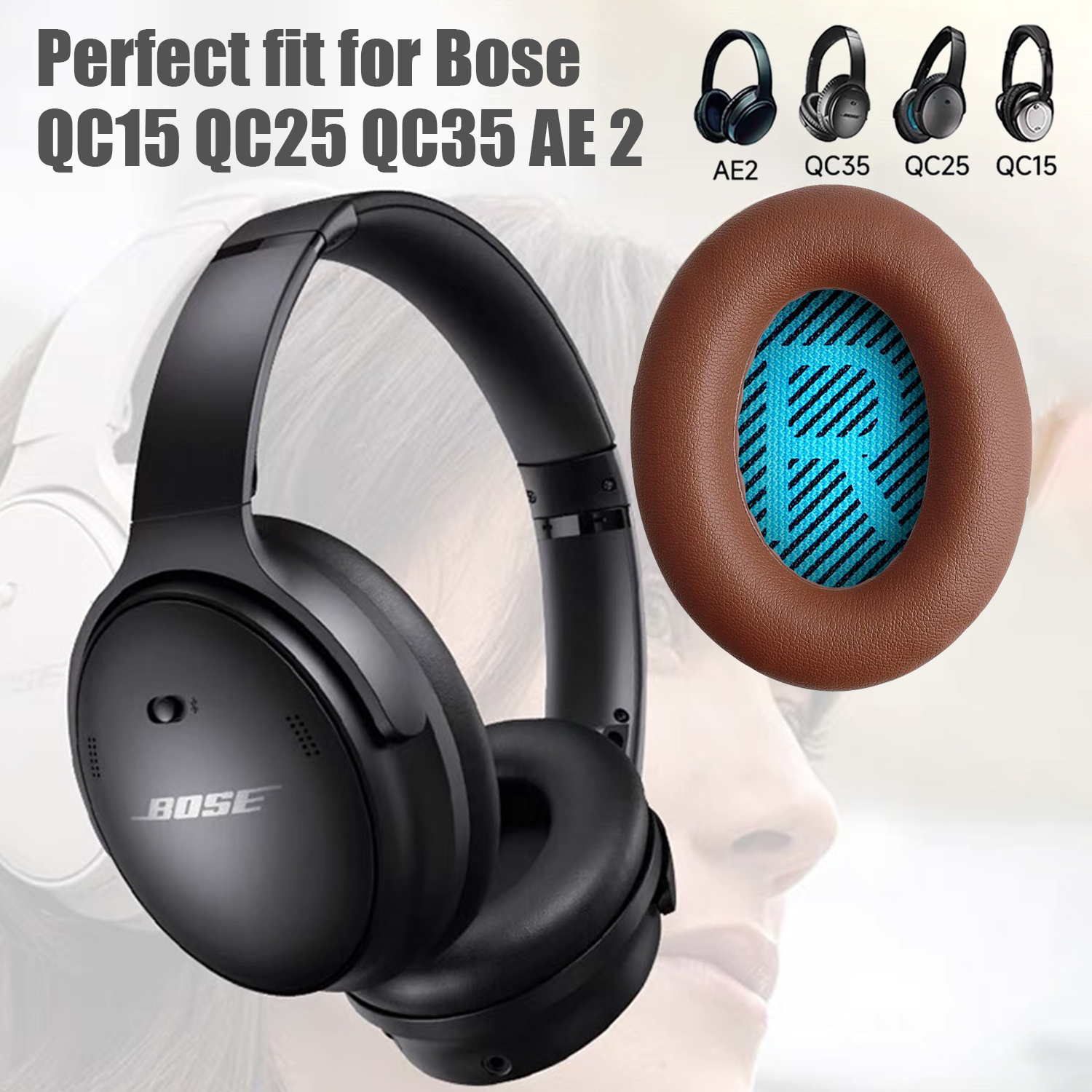 Czarne słuchawki Bose z nausznicą w centrum. Brązowy materiał imitujący skórę otacza niebieską tkaninę. Tekst: Idealne dopasowanie do Bose QC15 QC25 QC35 AE 2.