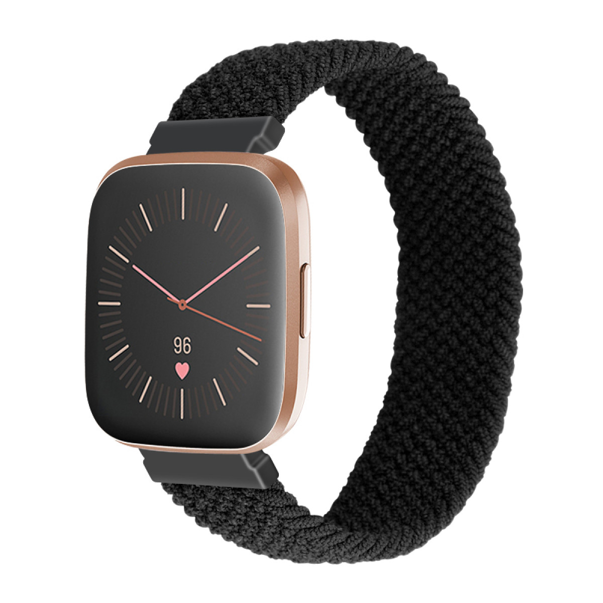 Eine Smartwatch mit schwarzem Bildschirm, roségoldenem Gehäuse und schwarzem gewebtem Armband. Der Bildschirm zeigt Zeit und Herzfrequenz.