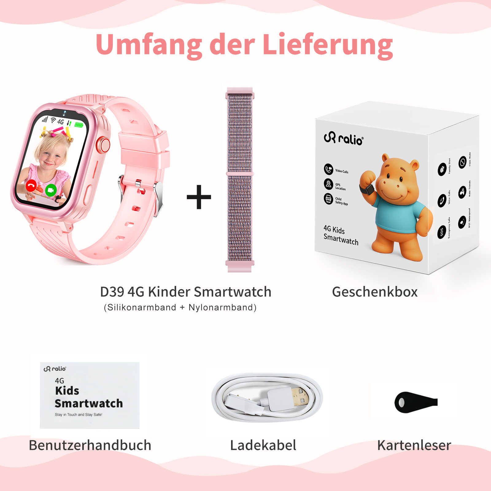 Rosa Kinder-Smartwatch mit Mädchenbild, extra Armband, Geschenkbox, Handbuch, Ladegerät und Kartenleser.