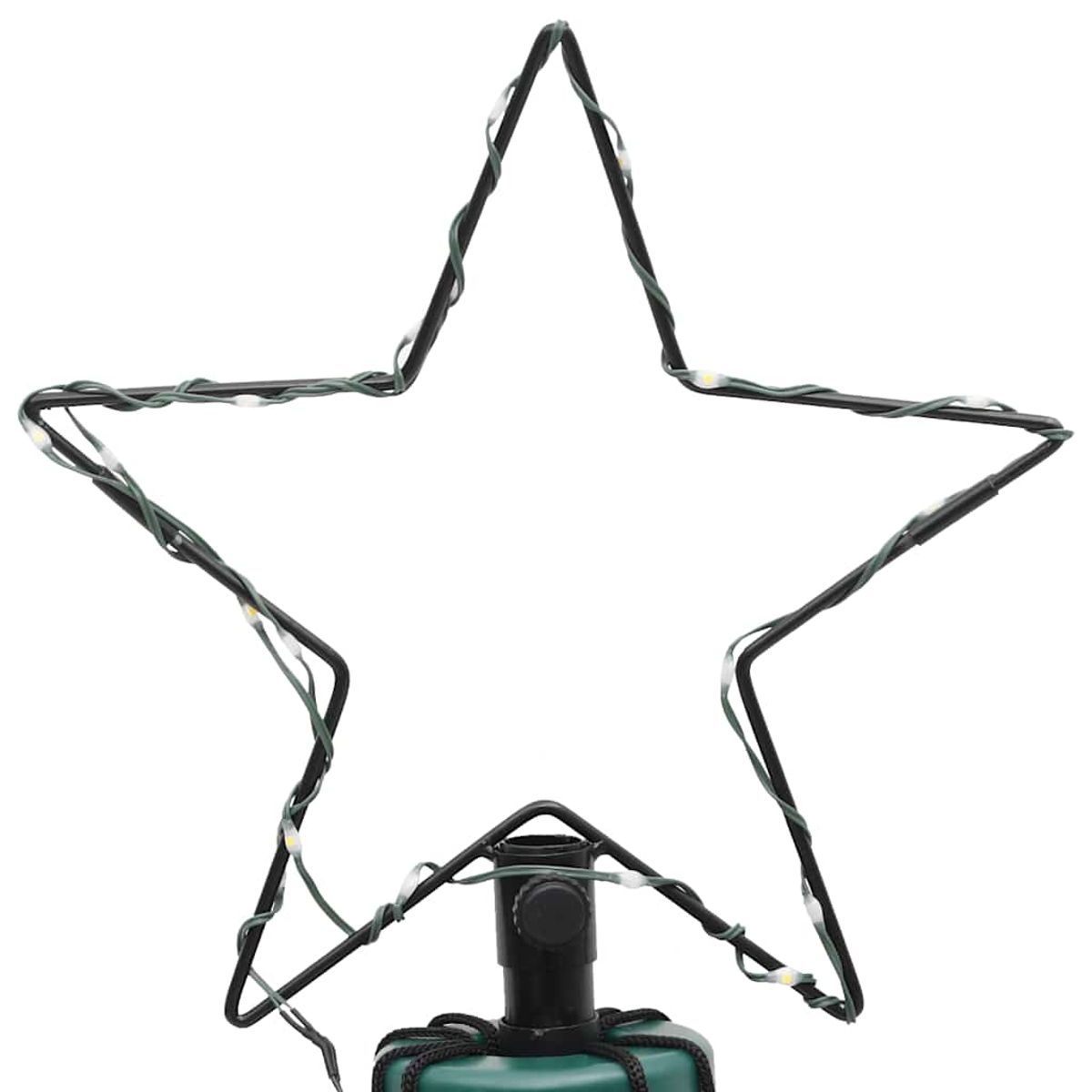 Ein schwarzer sternförmiger Weihnachtsbaumschmuck mit weißen Lichtern und grünen Kabeln. Eine grüne Basis stützt den Stern.