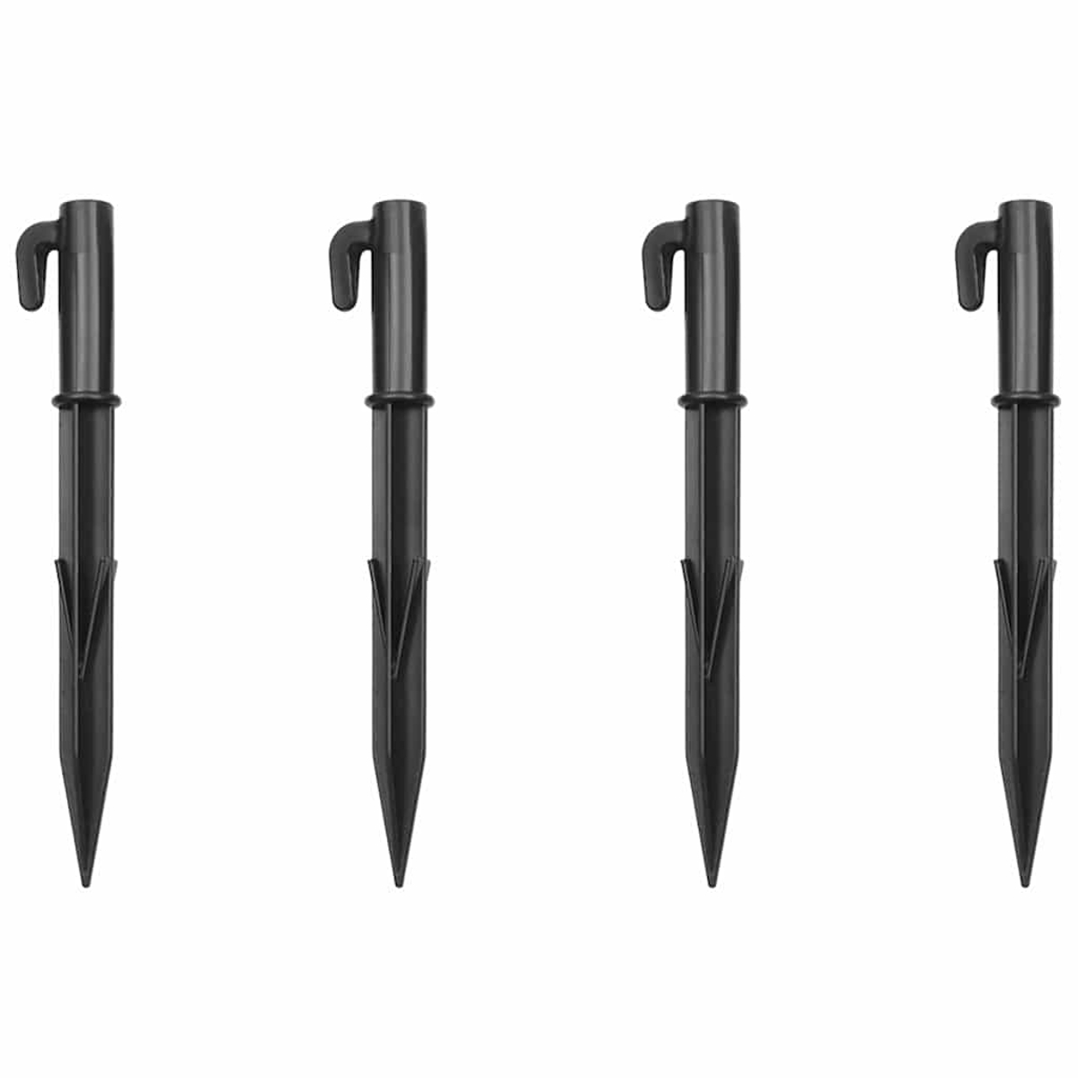 Vier schwarze Kunststoffpfähle mit Haken oben und spitzem Ende, horizontal angeordnet vor weißem Hintergrund.