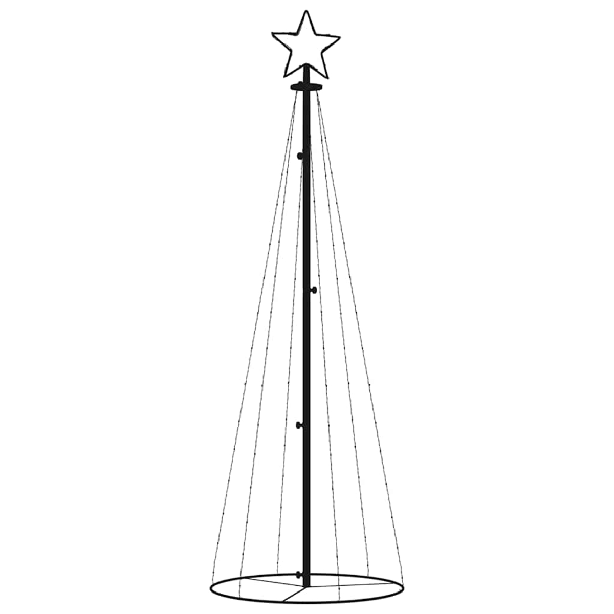 Schwarzer Weihnachtsbaumrahmen aus Metall mit Stern oben. Schnüre bilden eine Kegelform, verankert durch einen Basisring.