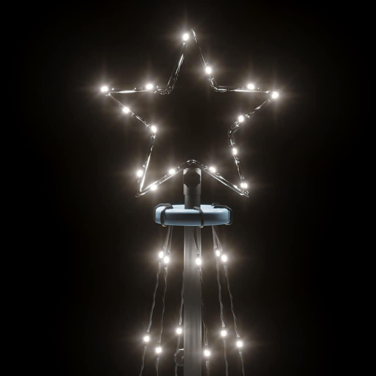 Eine beleuchtete Stern-Dekoration. Der Stern ist silberfarben und enthält viele kleine Lichter, mit anderen Lichtern, die herunterhängen. Der Hintergrund ist schwarz.