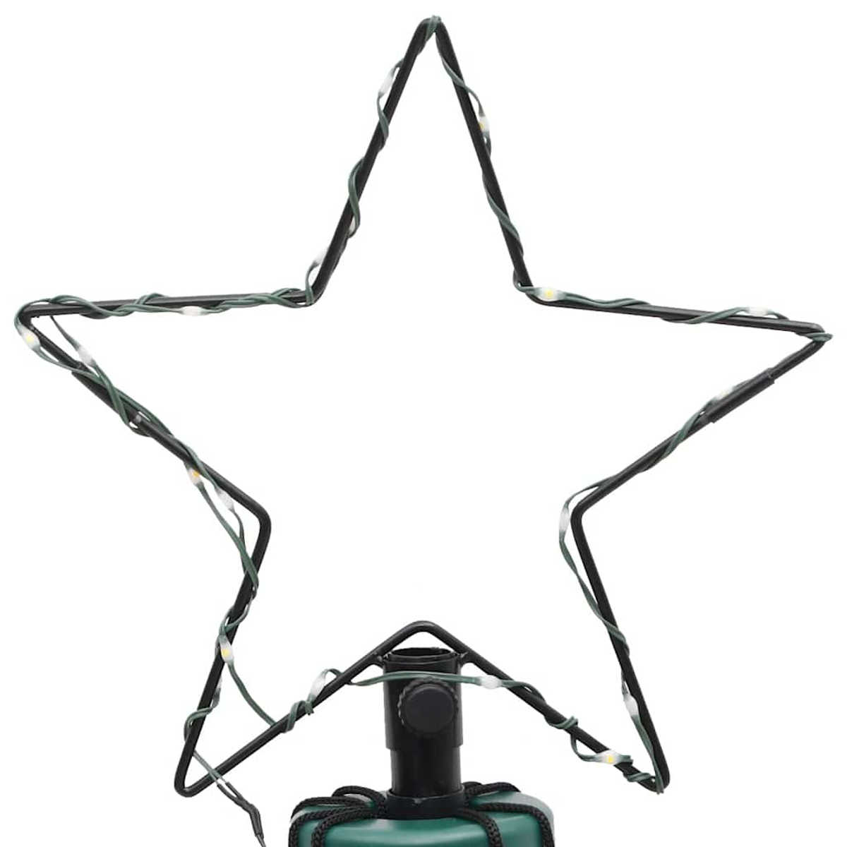 Ein sternförmiger Weihnachtsbaumaufsatz mit Lichtern und einem grünen Sockel. Der Stern ist schwarz mit weißen Lichtern, umwickelt von grünem Draht.