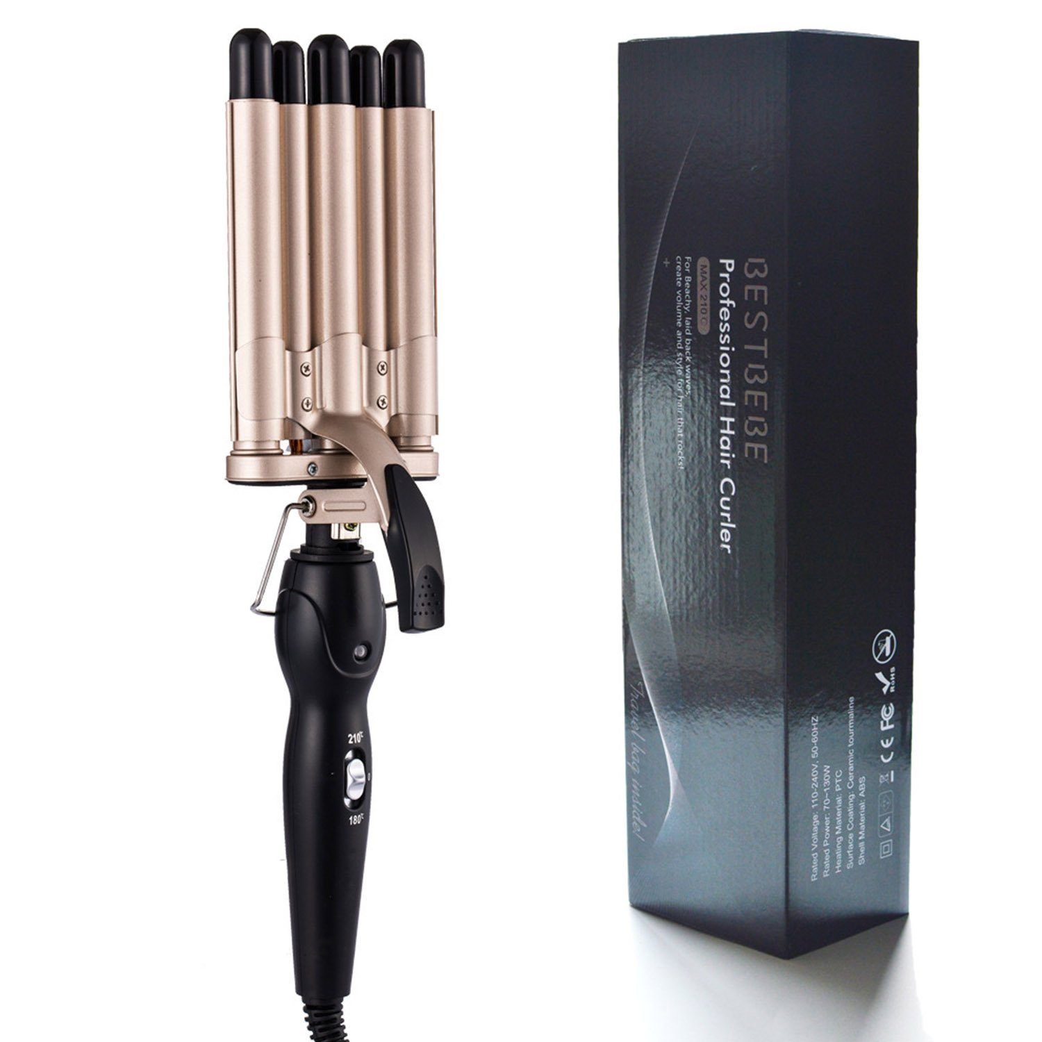Ein gold-schwarzer Lockenstab mit einer Schachtel mit der Aufschrift 'BESTBEBE Professional Hair Curler'. Der Lockenstab hat mehrere Läufe.