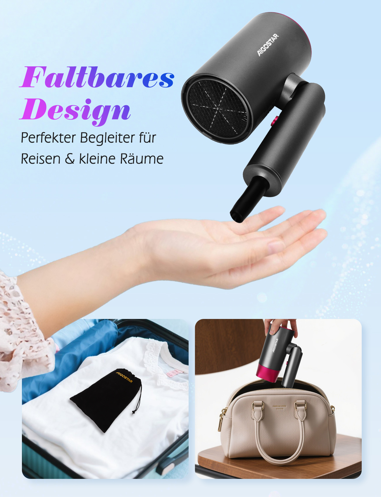 Ein schwarzer Haartrockner wird in einer Hand gehalten, mit Text, der besagt: faltbares Design, perfekter Begleiter für Reisen & kleine Räume.