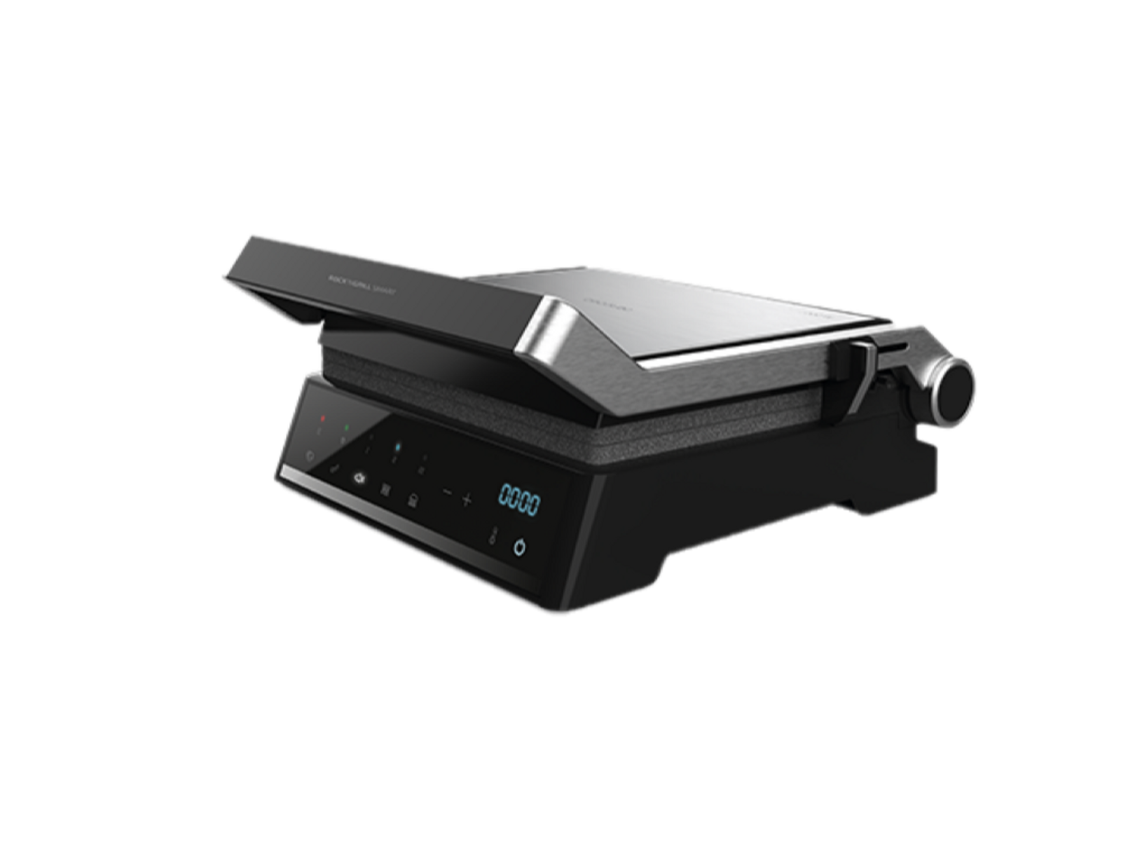 Czarny i srebrny grill elektryczny z cyfrowym wyświetlaczem pokazującym '0000' jest odizolowany na czarnym tle.