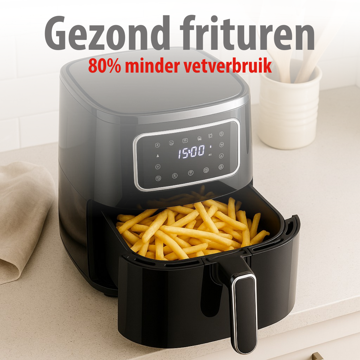 Een airfryer met frietjes. Tekst: 'Gezond frituren' en '80% minder vetverbruik'.