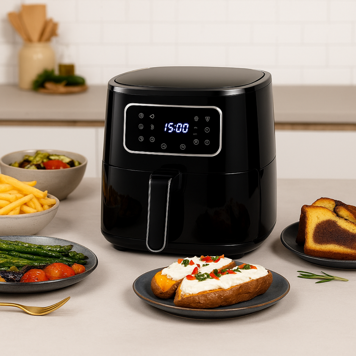 Zwarte airfryer met eten, waaronder aardappelen, asperges en cake. 15:00 wordt weergegeven op de airfryer.