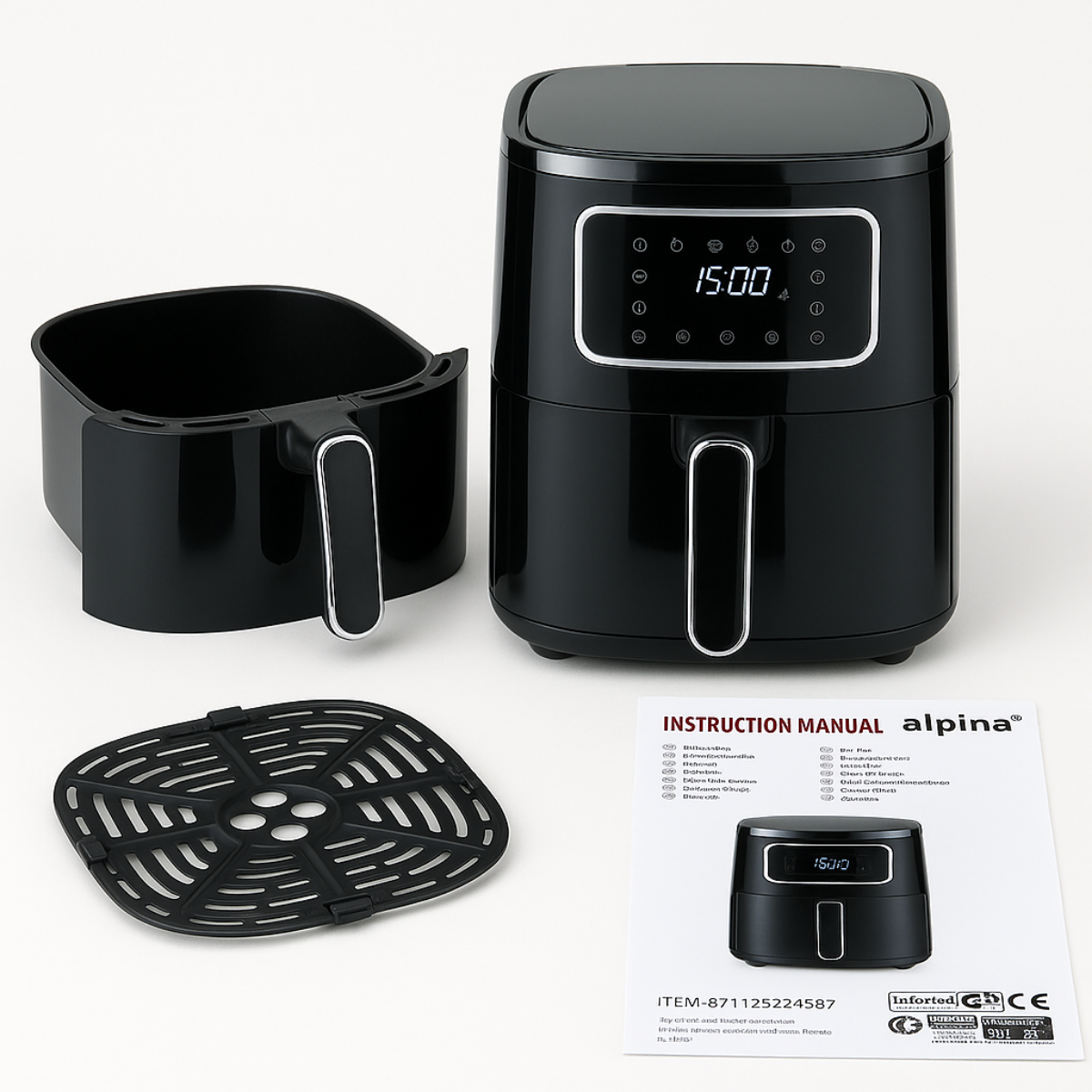 Zwarte airfryer met digitaal display 15:00, mand, grill en handleiding op een wit oppervlak.