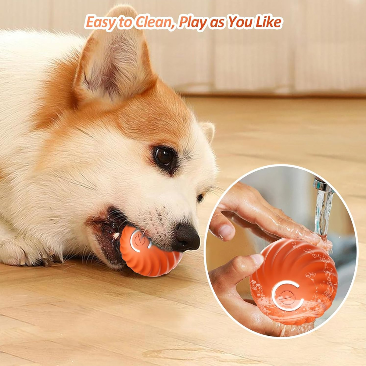 Ein Hund kaut auf einem orangefarbenen Ball. Ein kleinerer Einsatz zeigt den Ball unter einem Wasserhahn. Text: 'Leicht zu reinigen, spielen wie du willst'.