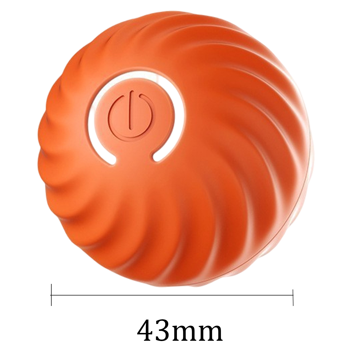 Oranges, spiralförmiges Gerät mit Ein/Aus-Taste, misst 43 mm. Weißer Hintergrund. Gerippte Textur auf der Oberfläche.