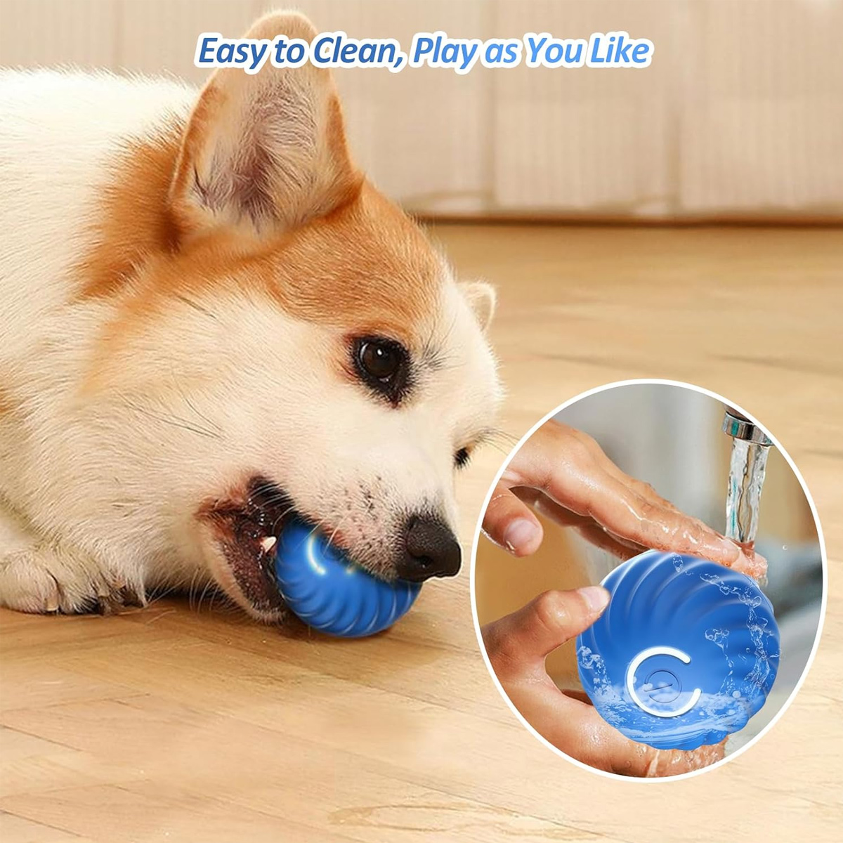 Ein Hund kaut auf einem blauen Spielzeug. Eine Hand wäscht ein anderes blaues Spielzeug unter fließendem Wasser. Text oben: 'Leicht zu reinigen, spielen wie Sie wollen'.