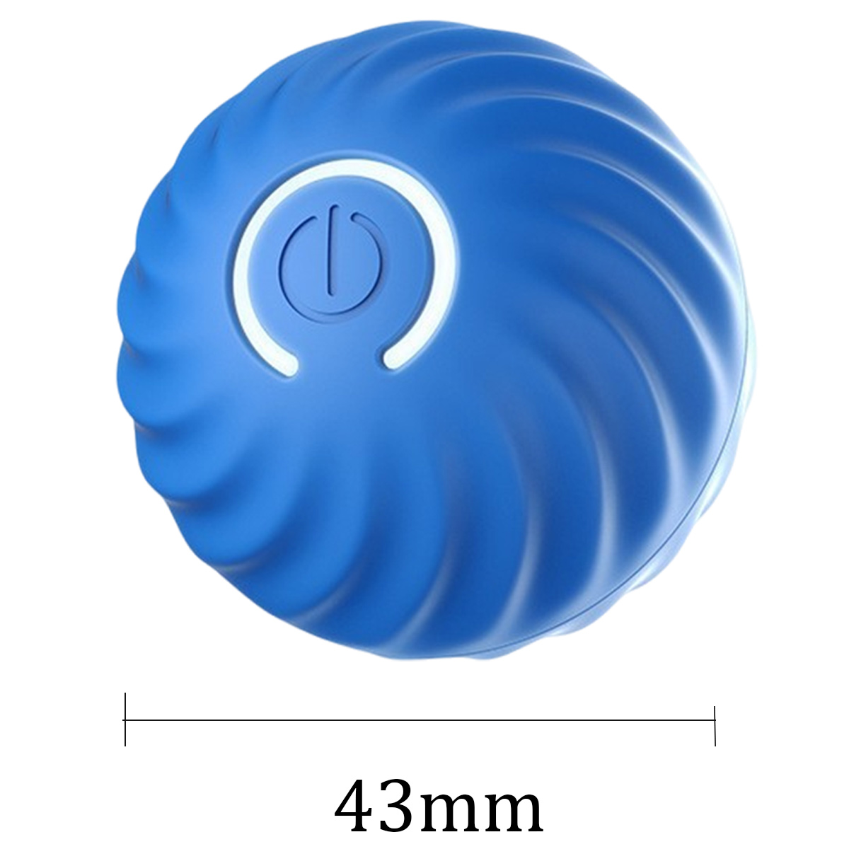 Ein blaues, kugelförmiges Gerät mit einem Ein-/Ausschalter. Es hat ein spiralförmiges Design. Die Größe beträgt 43 mm. Weißer Hintergrund.