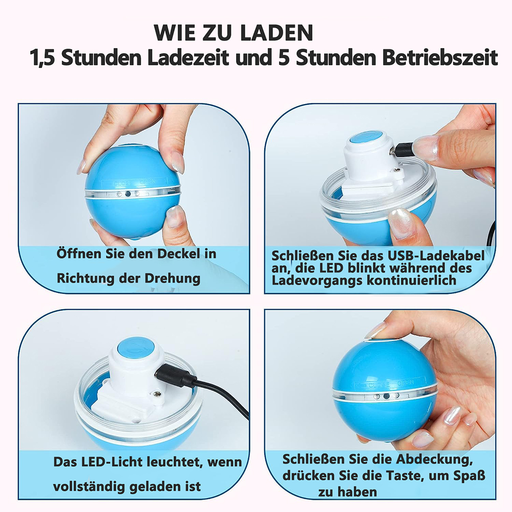 Anweisungen zum Aufladen einer blauen Kugel. Schritte umfassen das Öffnen, Anschließen eines USB-Kabels und Drücken einer Taste.