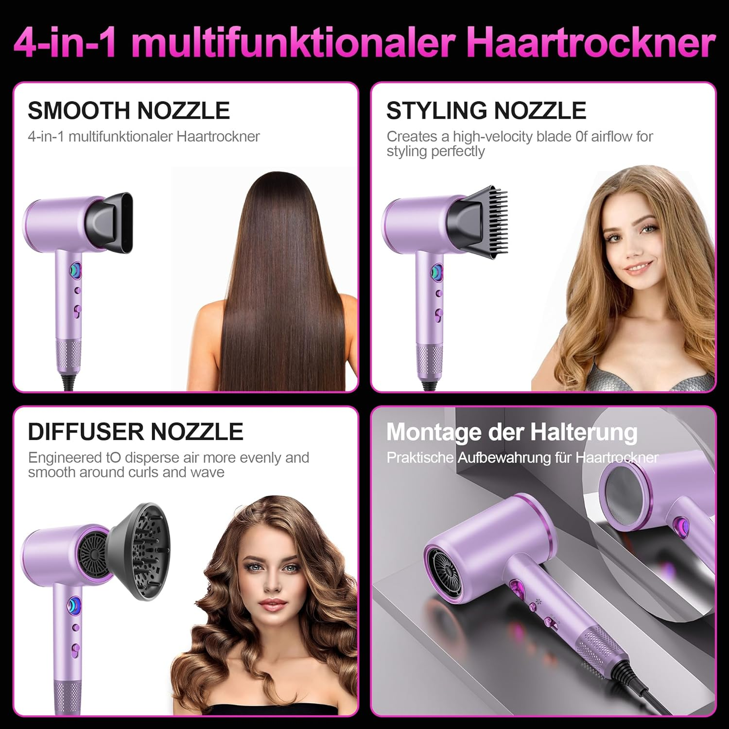 Ein lila Haartrockner mit verschiedenen Düsen. Das Bild zeigt glatte, Styling-, Diffusor-Düsen und einen Halter. Frauen sind ebenfalls abgebildet.