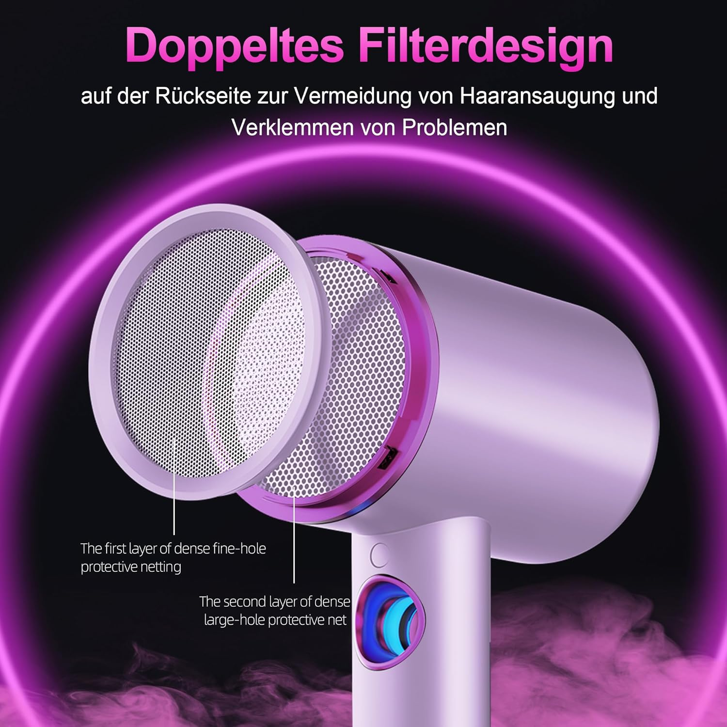 Ein Haartrockner mit doppeltem Filterdesign wird gezeigt. Ein Filter hat feine Löcher, der andere große. Text auf Deutsch erklärt das Design.