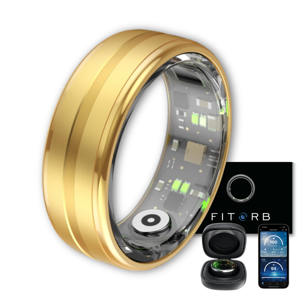 Goldener Smartring mit Schaltkreisen. Eine Ladeschale, ein Telefon mit Gesundheitsdaten und eine schwarze Box mit dem Logo FITORB sind ebenfalls sichtbar.