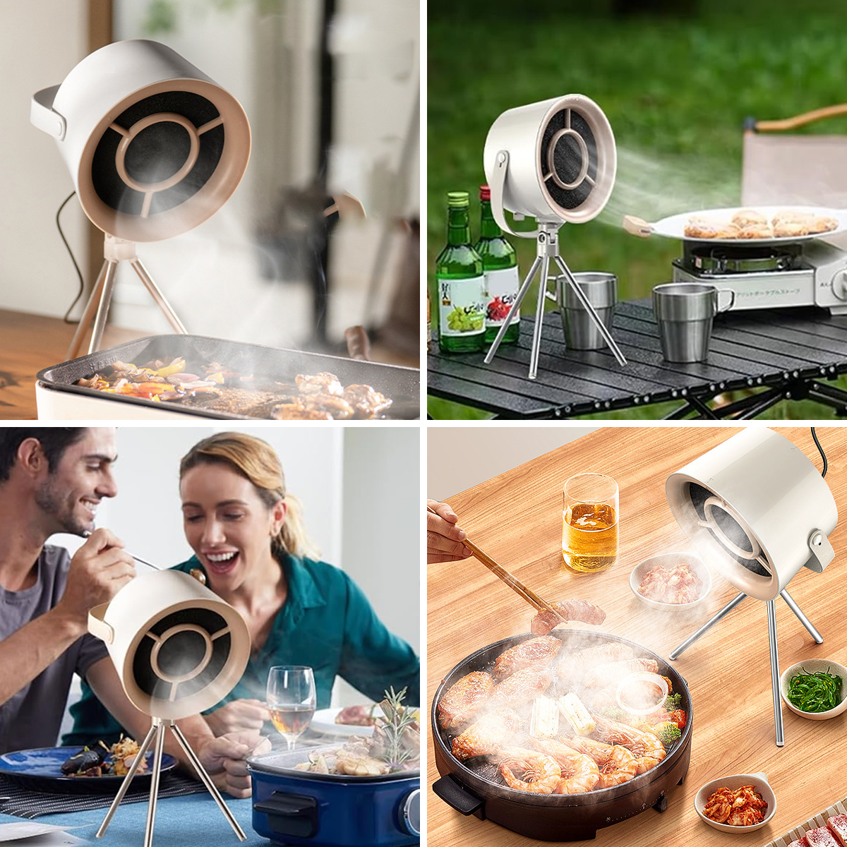 Ein weißer Ventilator auf einem Stativ bläst Dampf von einem Grill mit Essen. Leute kochen und genießen eine Mahlzeit im Freien.