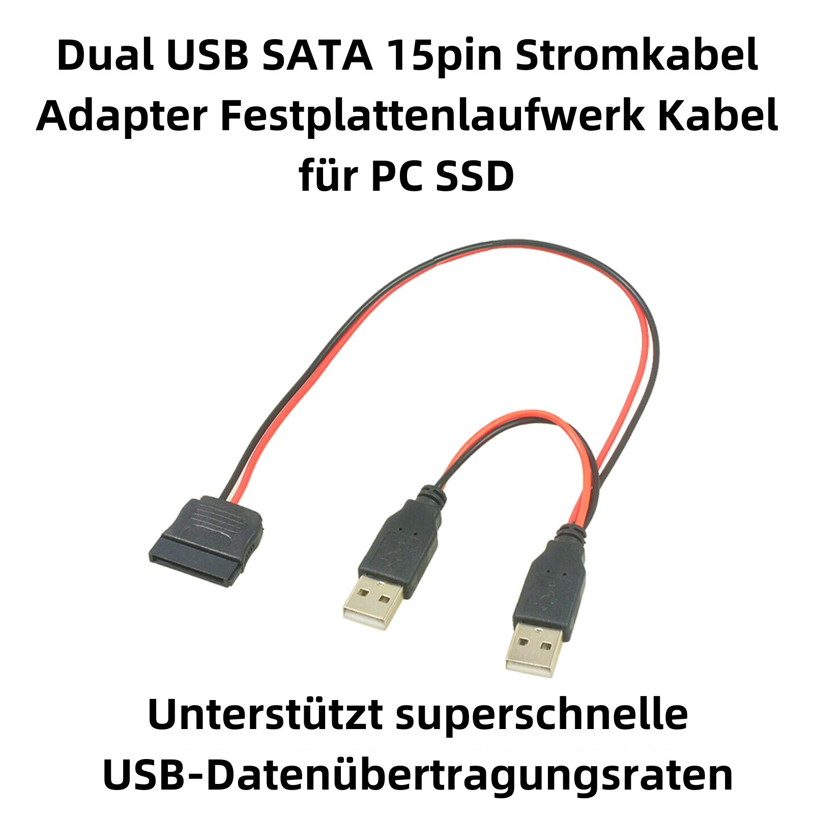 Schwarzes und rotes Dual-USB-SATA-Adapterkabel für PC-SSD. Es hat einen SATA-Anschluss und zwei USB-Anschlüsse.