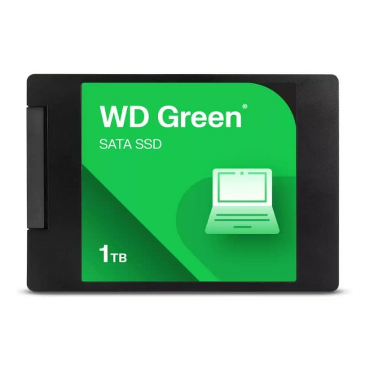 WD Green SATA SSD, 1TB. Dysk SSD jest czarny z zieloną etykietą. Ikona laptopa jest wyświetlana na etykiecie.