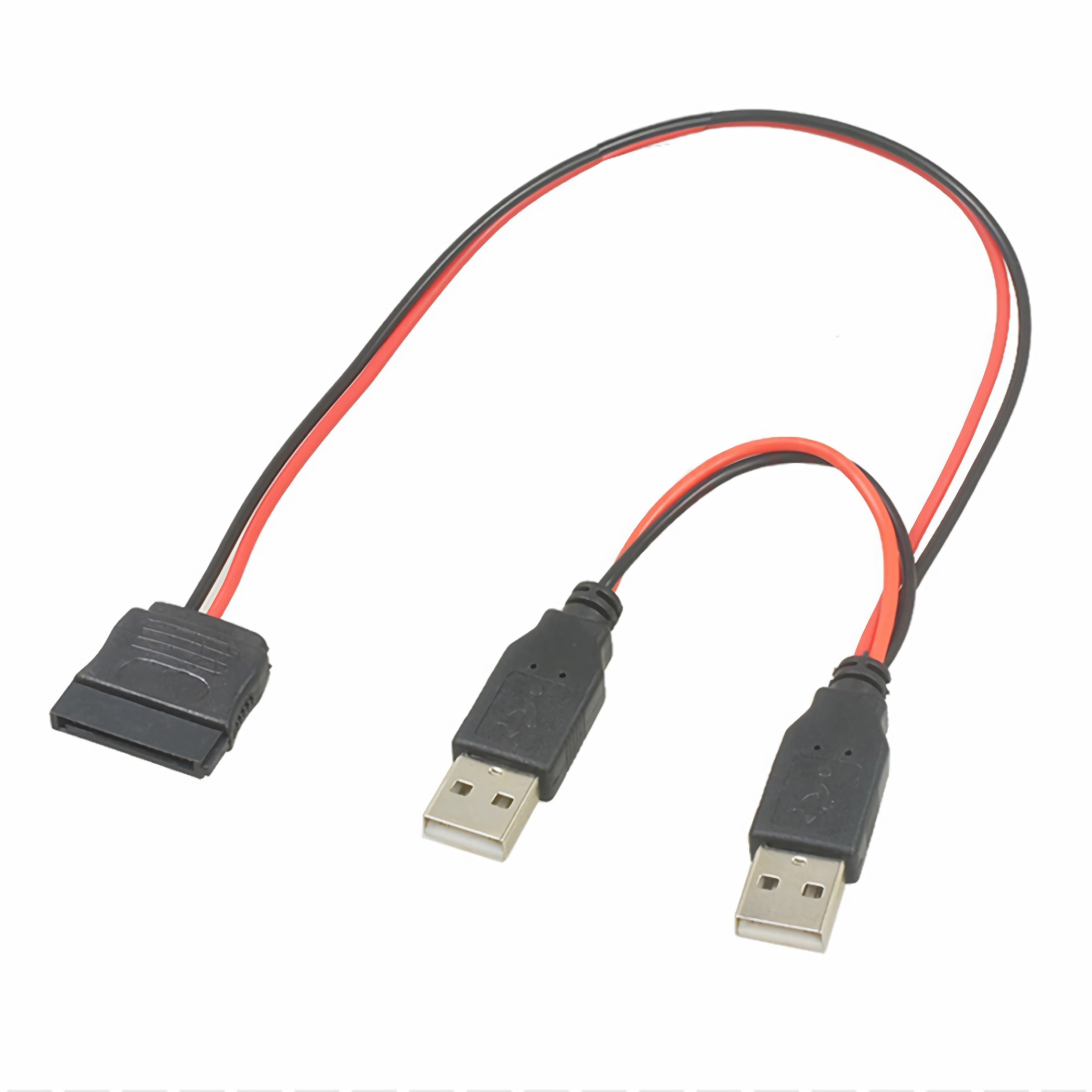 Ein SATA-zu-USB-Adapterkabel. Es hat schwarze Anschlüsse und rot/schwarze Drähte. Der Hintergrund ist weiß.