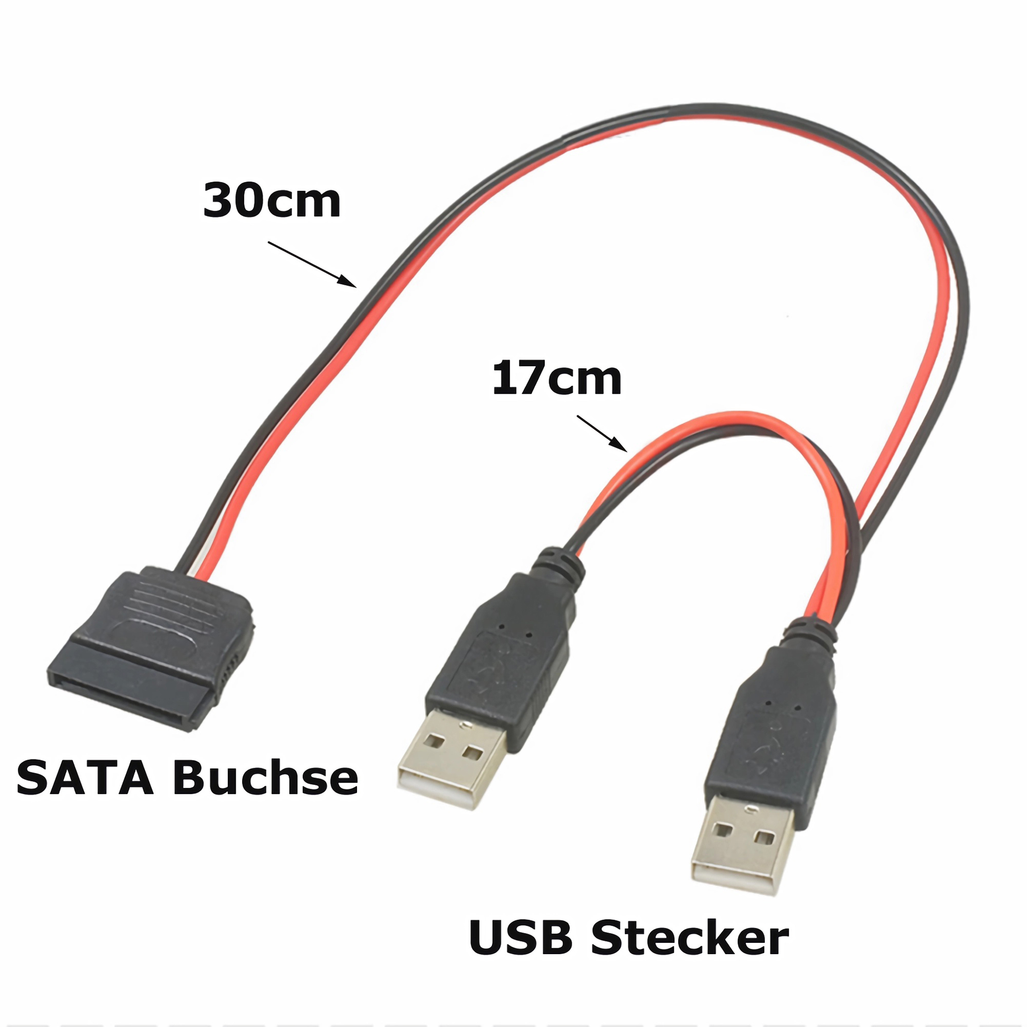 SATA-auf-USB-Adapterkabel. Schwarze und rote Drähte verbinden einen SATA-Anschluss mit zwei USB-Anschlüssen.