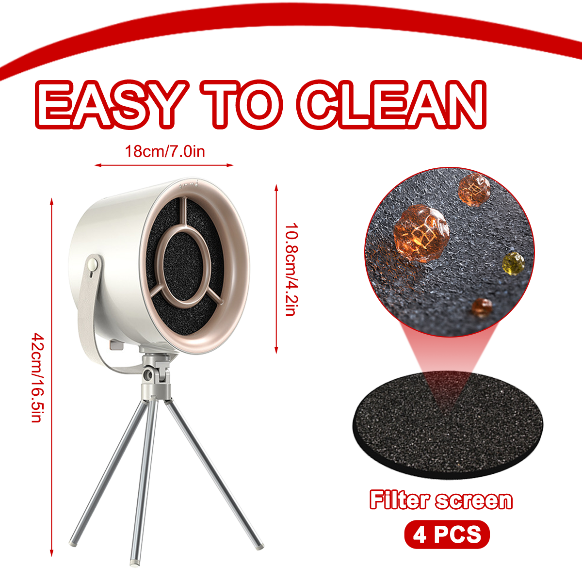 Ein Luftreiniger mit Abmessungen, Filter, und Nahaufnahme von Flüssigkeitstropfen auf dunkler Oberfläche, Text: 'EASY TO CLEAN'.