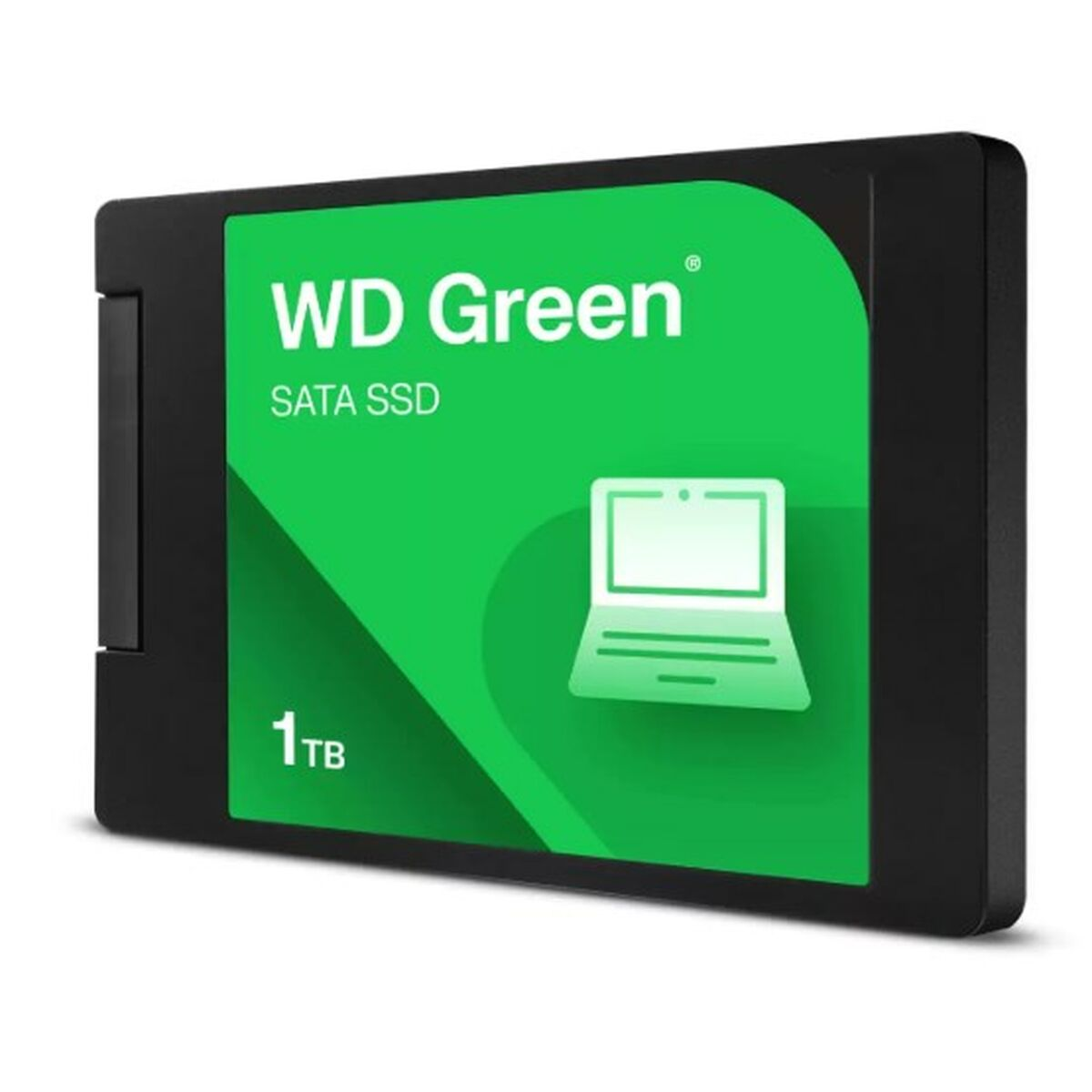 WD Green SATA SSD 1TB. Czarny prostokątny dysk z zieloną etykietą z logo, ikoną laptopa i pojemnością.