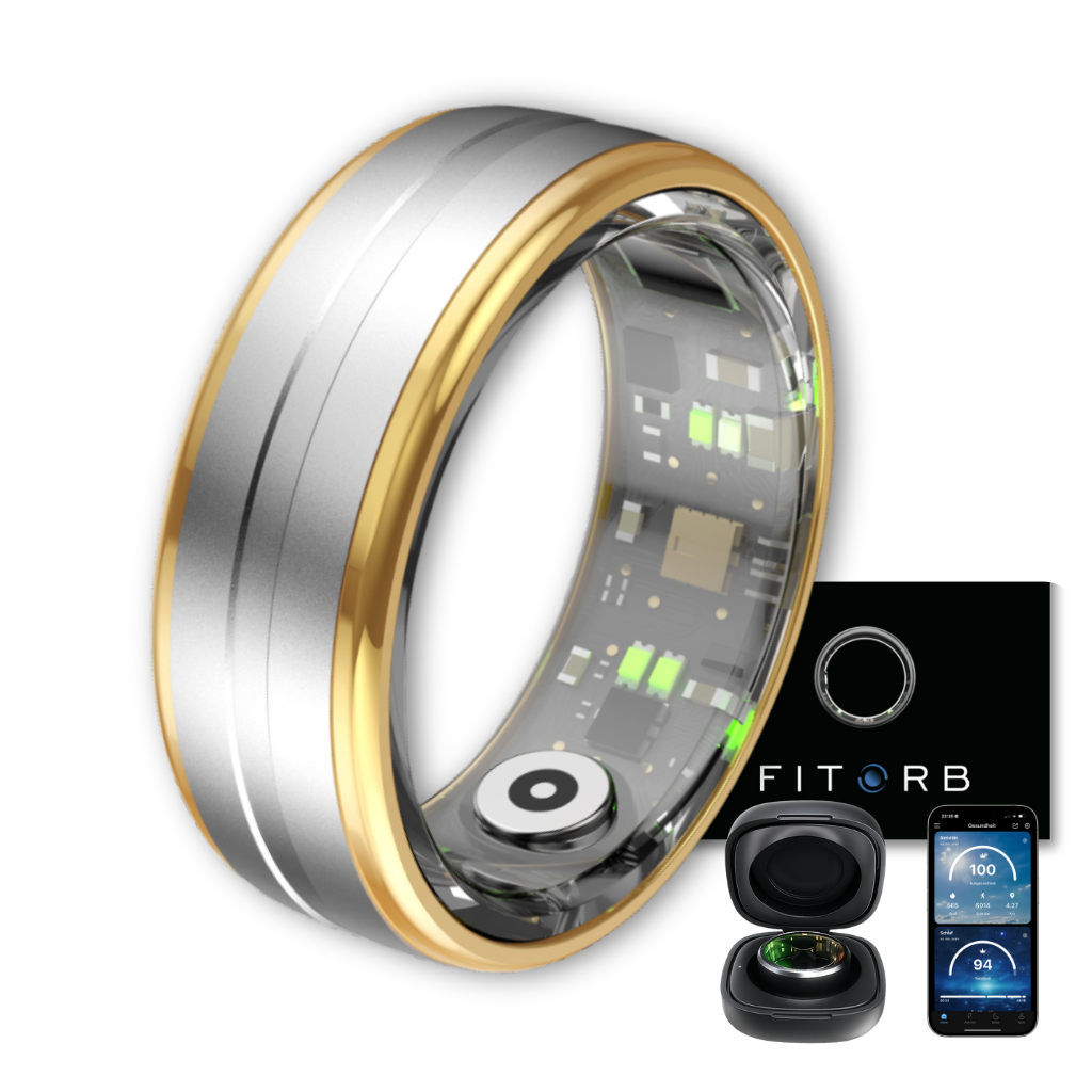 Ein smarter Ring in Gold und Silber, eine Ladestation und ein Telefon mit Gesundheitsdaten. Der Markenname lautet 'FITRB'.