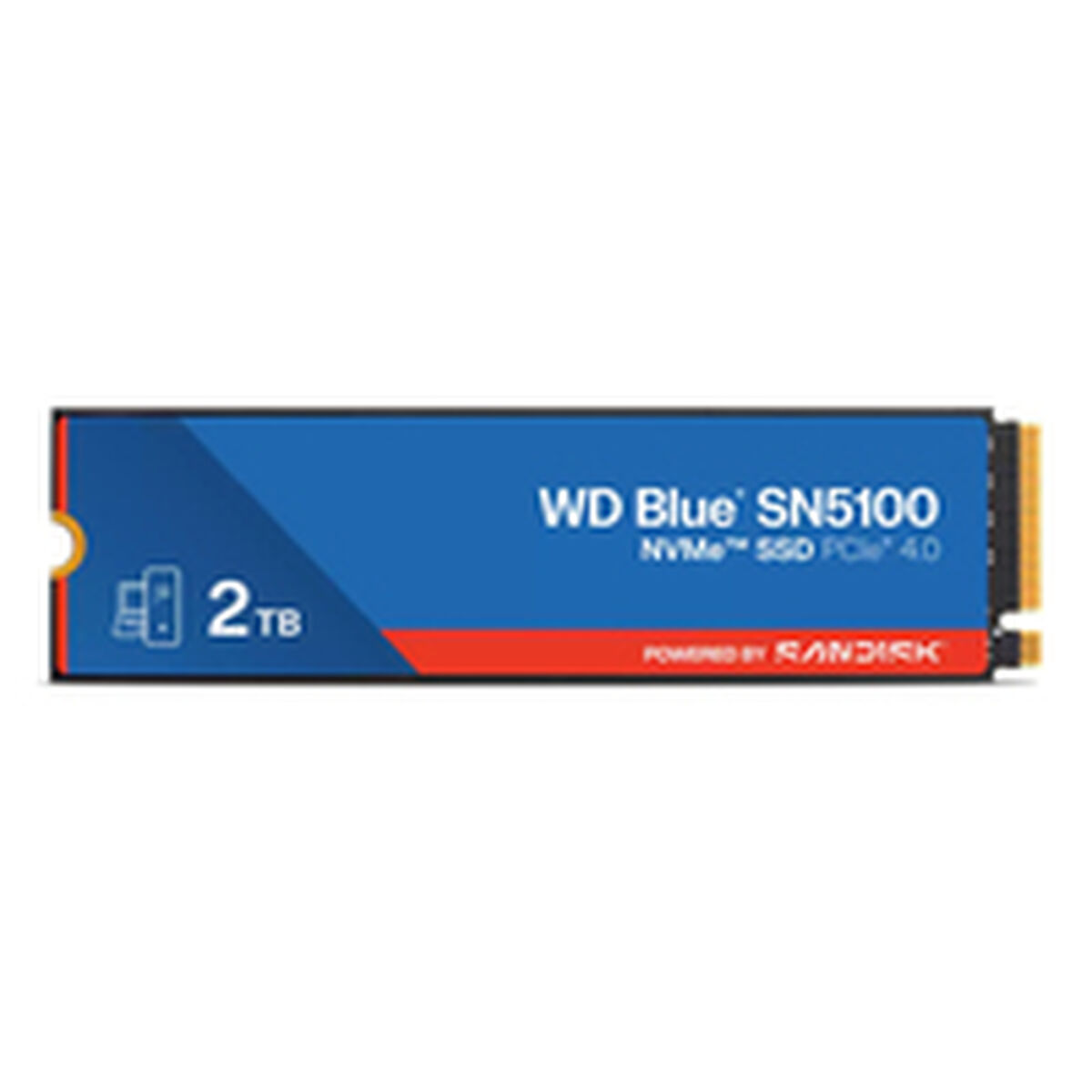 Niebiesko-czarny dysk SSD NVMe WD Blue SN5100 o pojemności 2 TB, zasilany przez Sandisk, z pomarańczowymi i złotymi złączami.