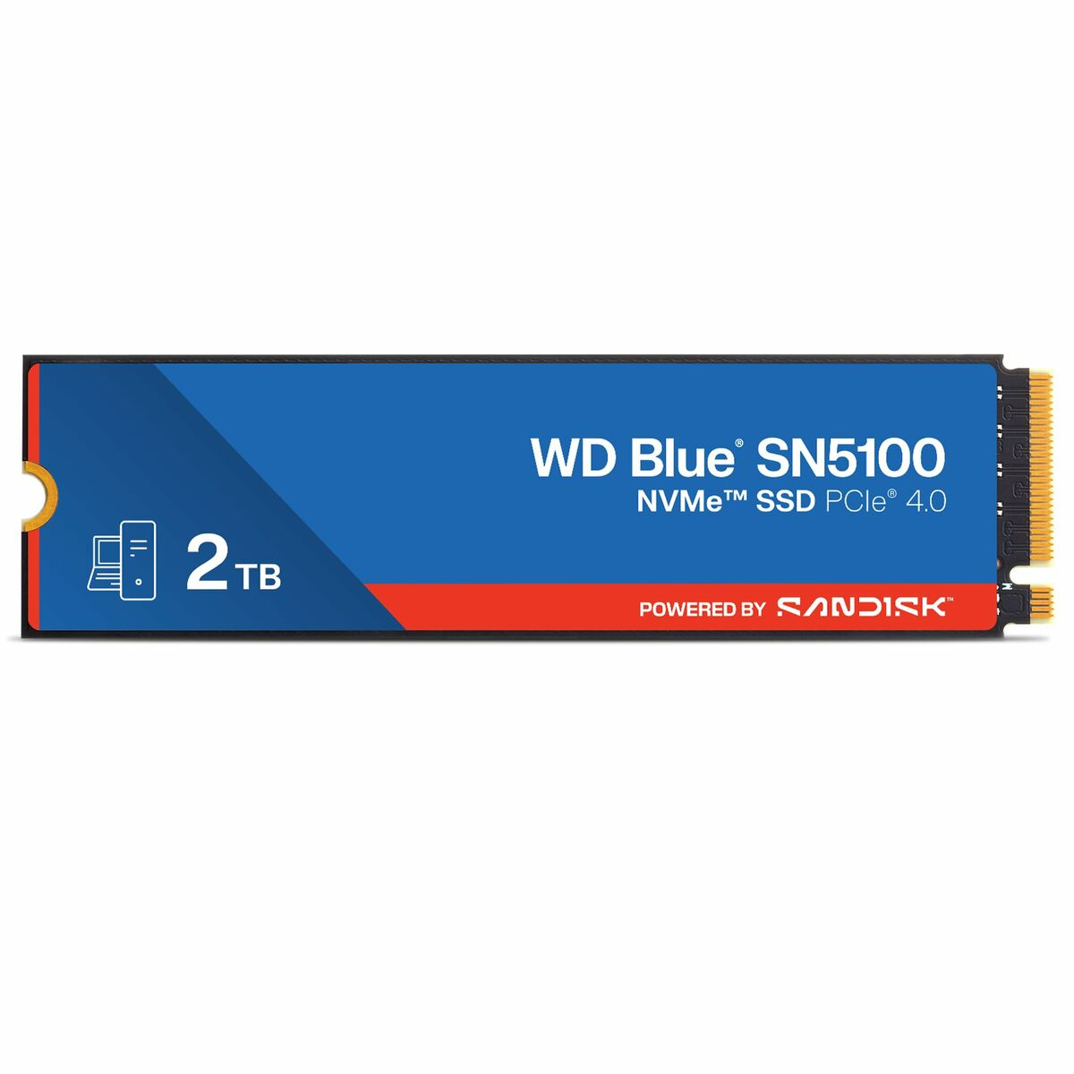 WD Blue SN5100 NVMe SSD. Karta jest czarna, niebieska i pomarańczowa. Ma tekst, ikonę komputera i pojemność 2 TB.