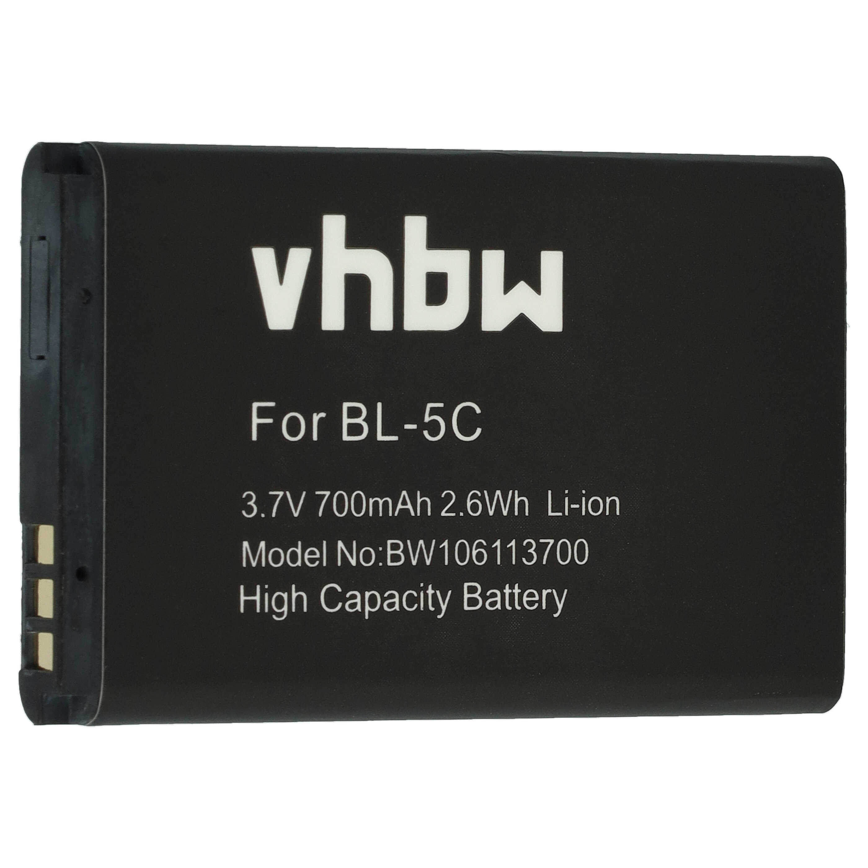Ein schwarzer Akku mit weißem Text, einschließlich 'vhbw', 'For BL-5C' und technischen Daten.