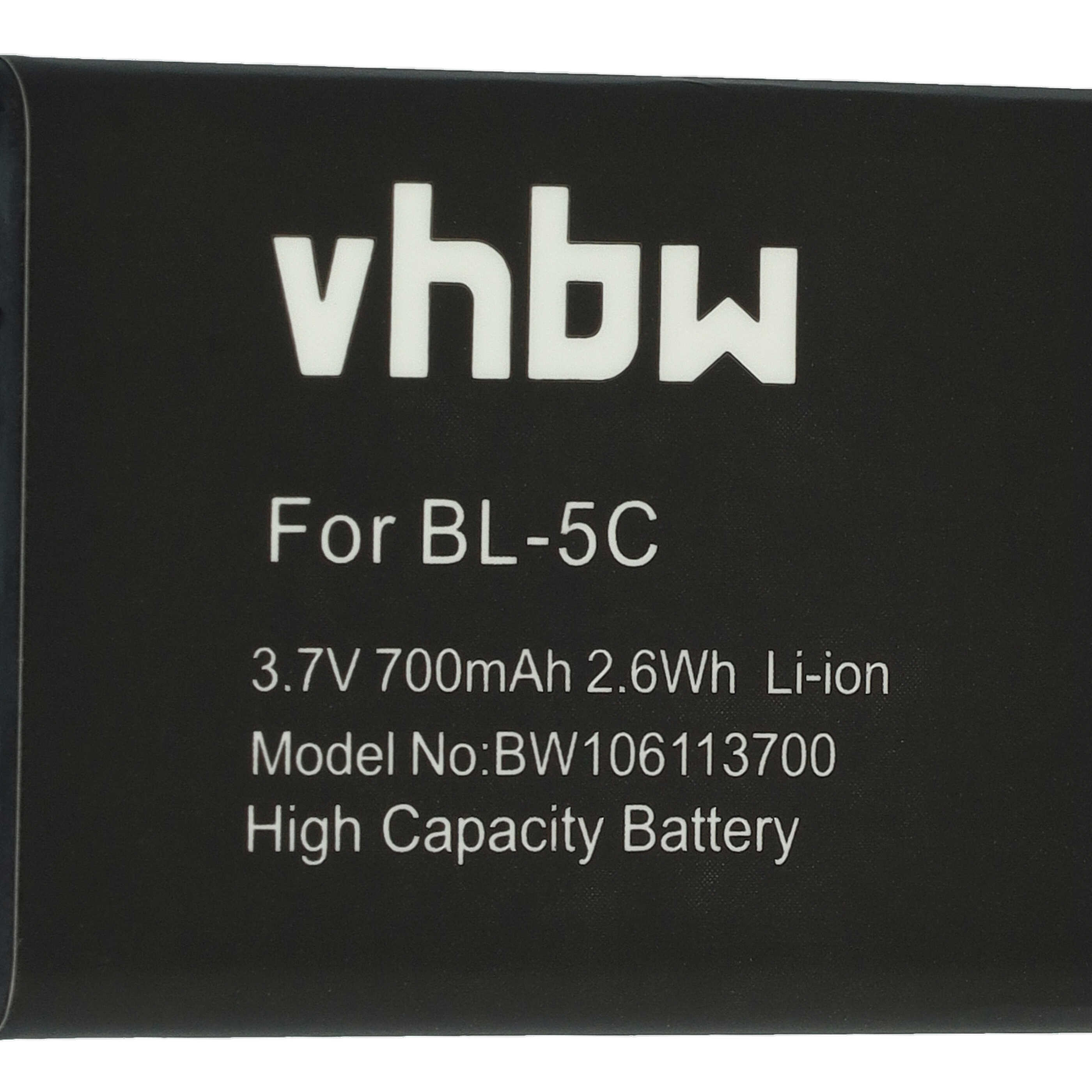 Ein schwarzer Akku mit weißem Text. Es steht vhbw, For BL-5C, 3.7V 700mAh 2.6Wh Li-ion, Model No:BW106113700, High Capacity Battery.
