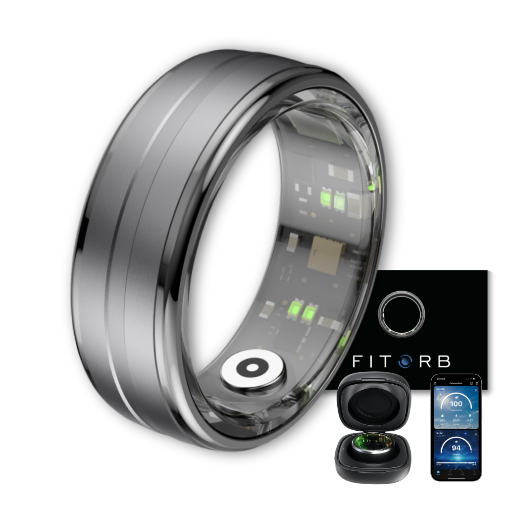 Ein silberner intelligenter Ring mit interner Schaltung. Enthält eine Ladebox, ein Telefon mit Gesundheitsmetriken und eine Verpackung.