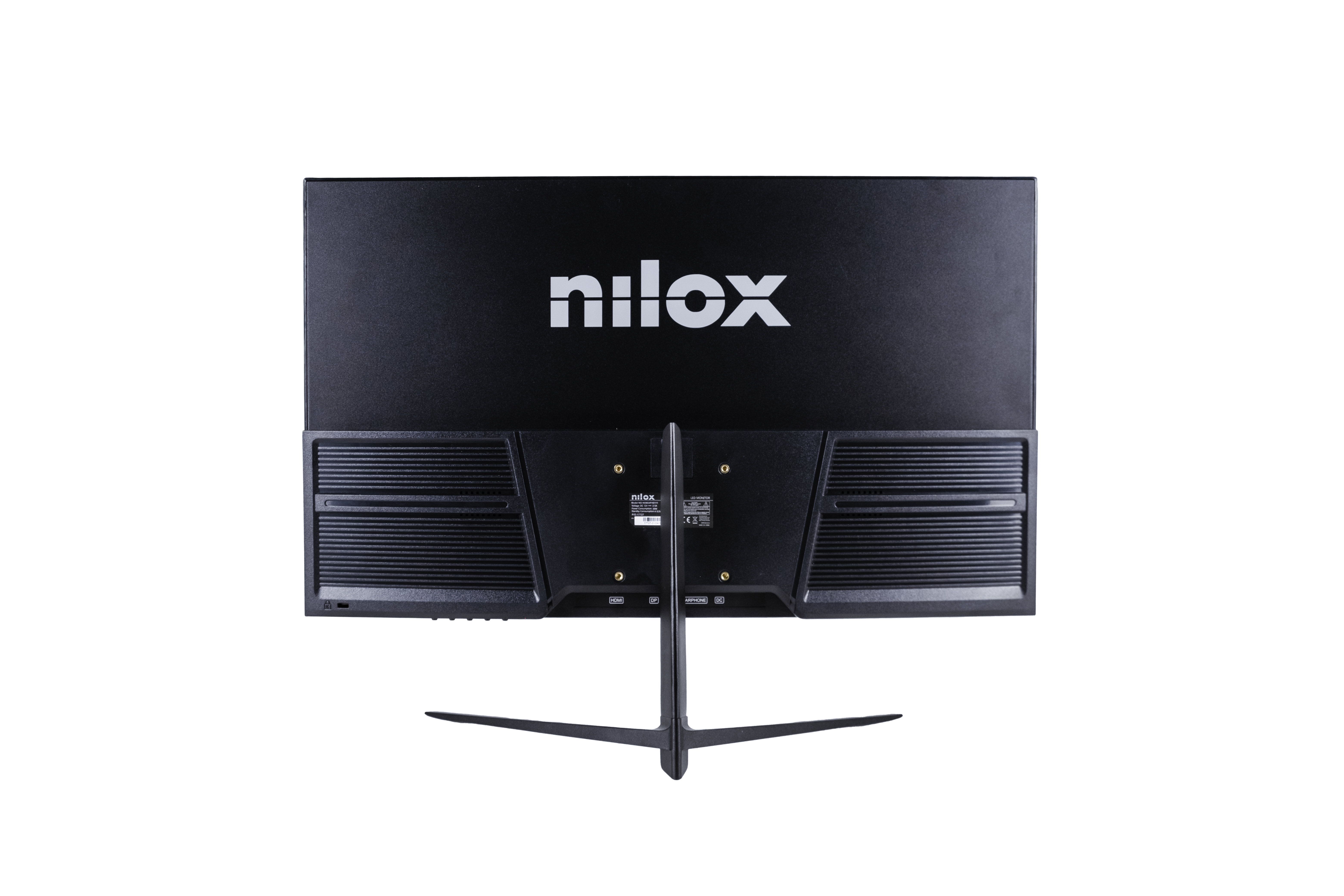 Viene mostrato il retro di un monitor Nilox nero. Il supporto, le porte e il logo sono visibili su sfondo bianco.