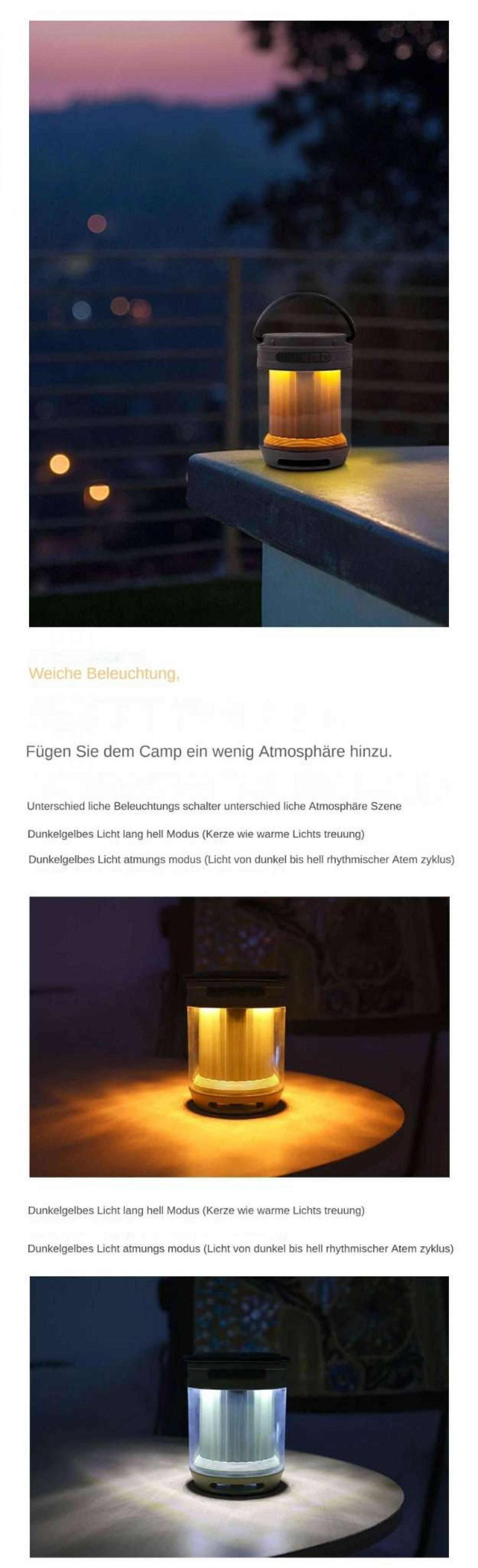 Eine beleuchtete, zylindrische Laterne mit Griff steht bei Dämmerung auf einem Tisch. Der Hintergrund zeigt verschwommene Lichter und dunkle Landschaft.