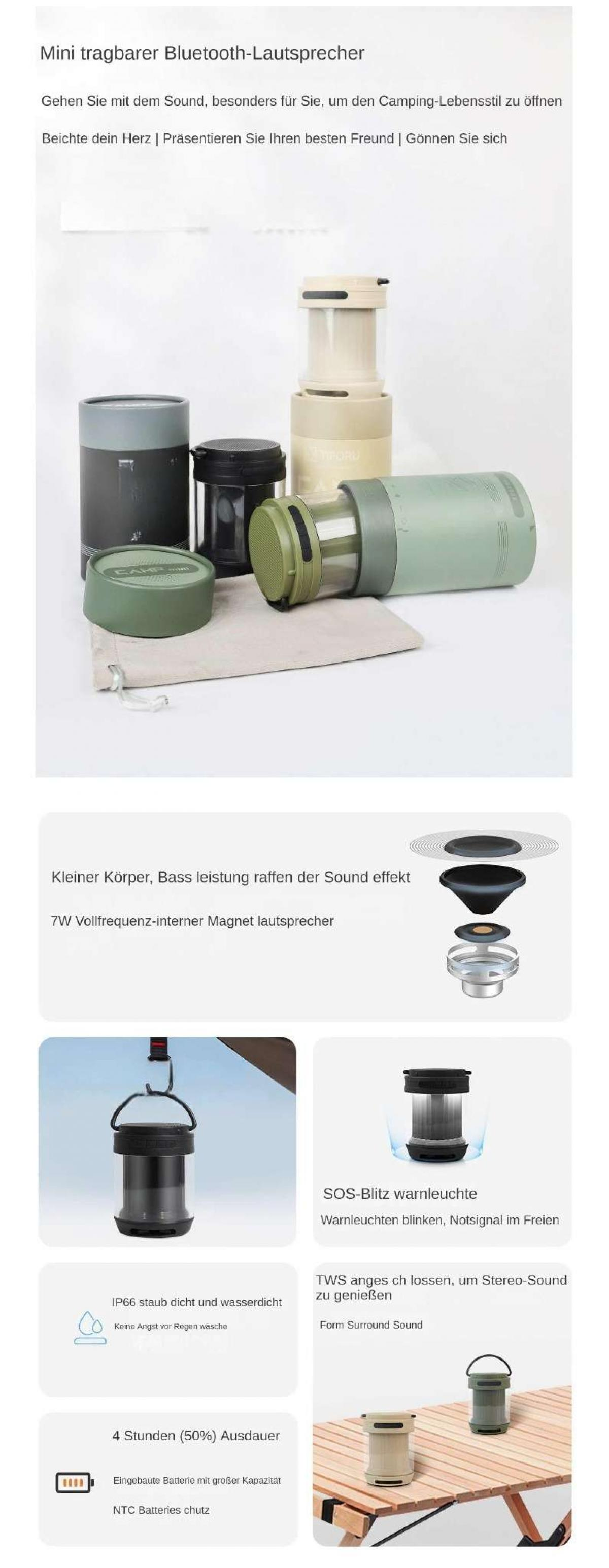 Verschiedene tragbare Lautsprecher in verschiedenen Farben mit Funktionen wie wasserdicht, SOS-Licht und langer Akkulaufzeit.