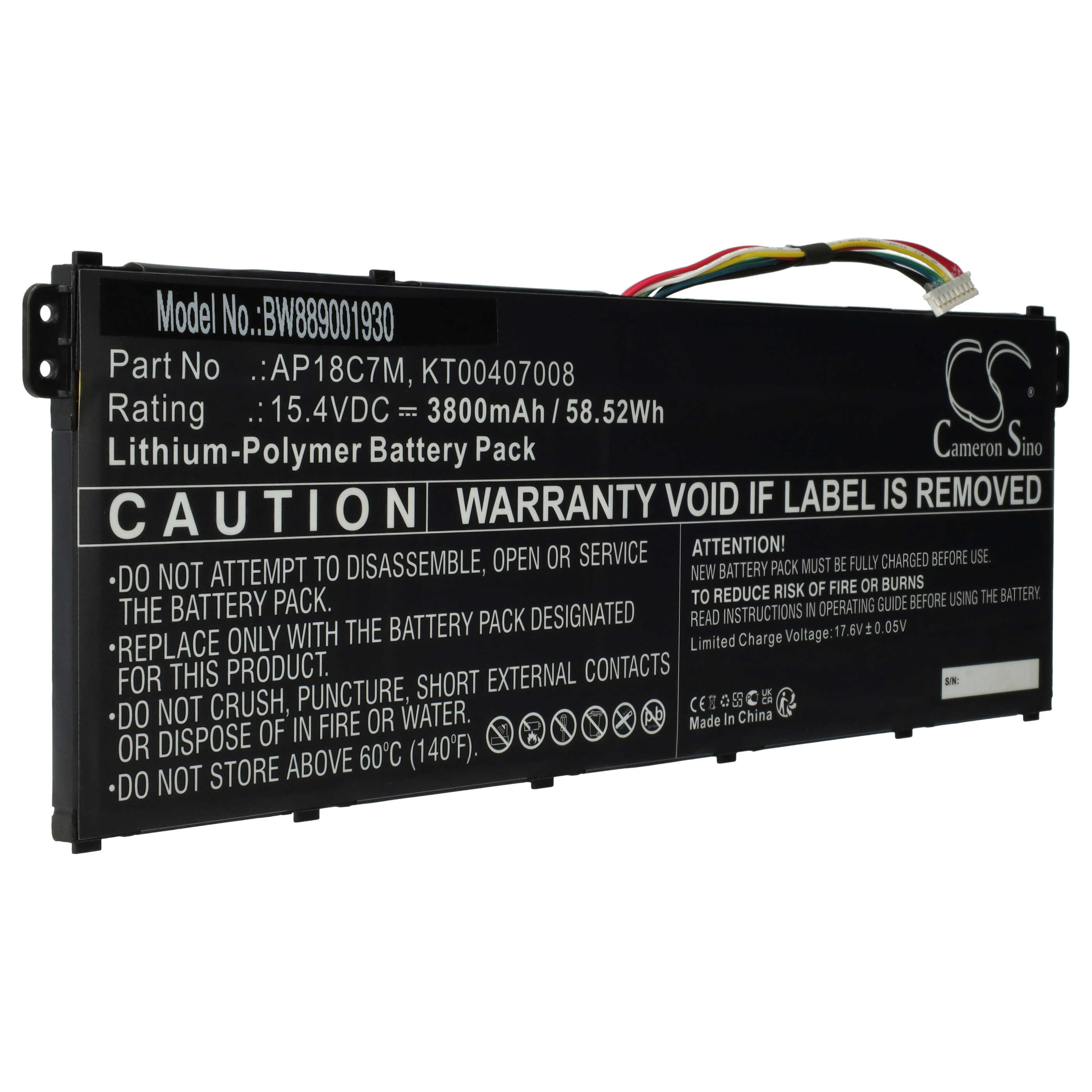 Ein schwarzer Laptop-Akku mit weißem Text. Er enthält Warnungen, Modell- und Bewertungsdetails. Oben sind Drähte angeschlossen.