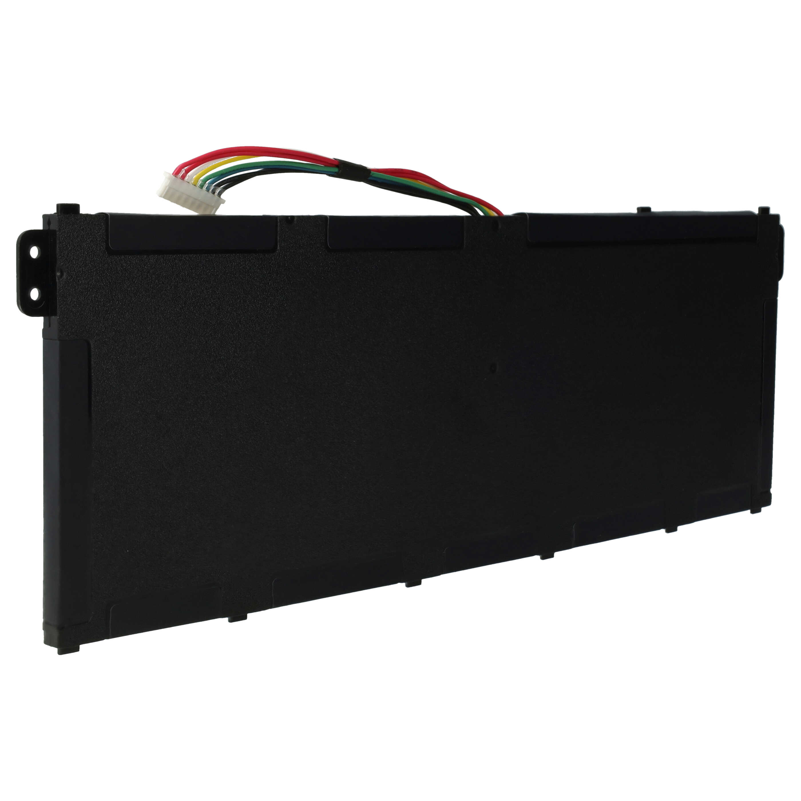 Schwarzer Laptop-Akku mit mehrfarbigen Drähten. Schwarzes rechteckiges Gehäuse mit weißem Stecker.
