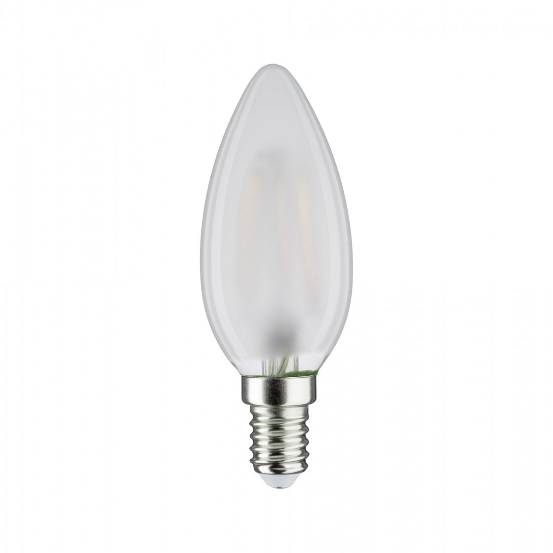 Viene mostrata una lampadina a forma di candela in vetro smerigliato. Ha una base argentata con filettature e una base verde attorno al vetro.