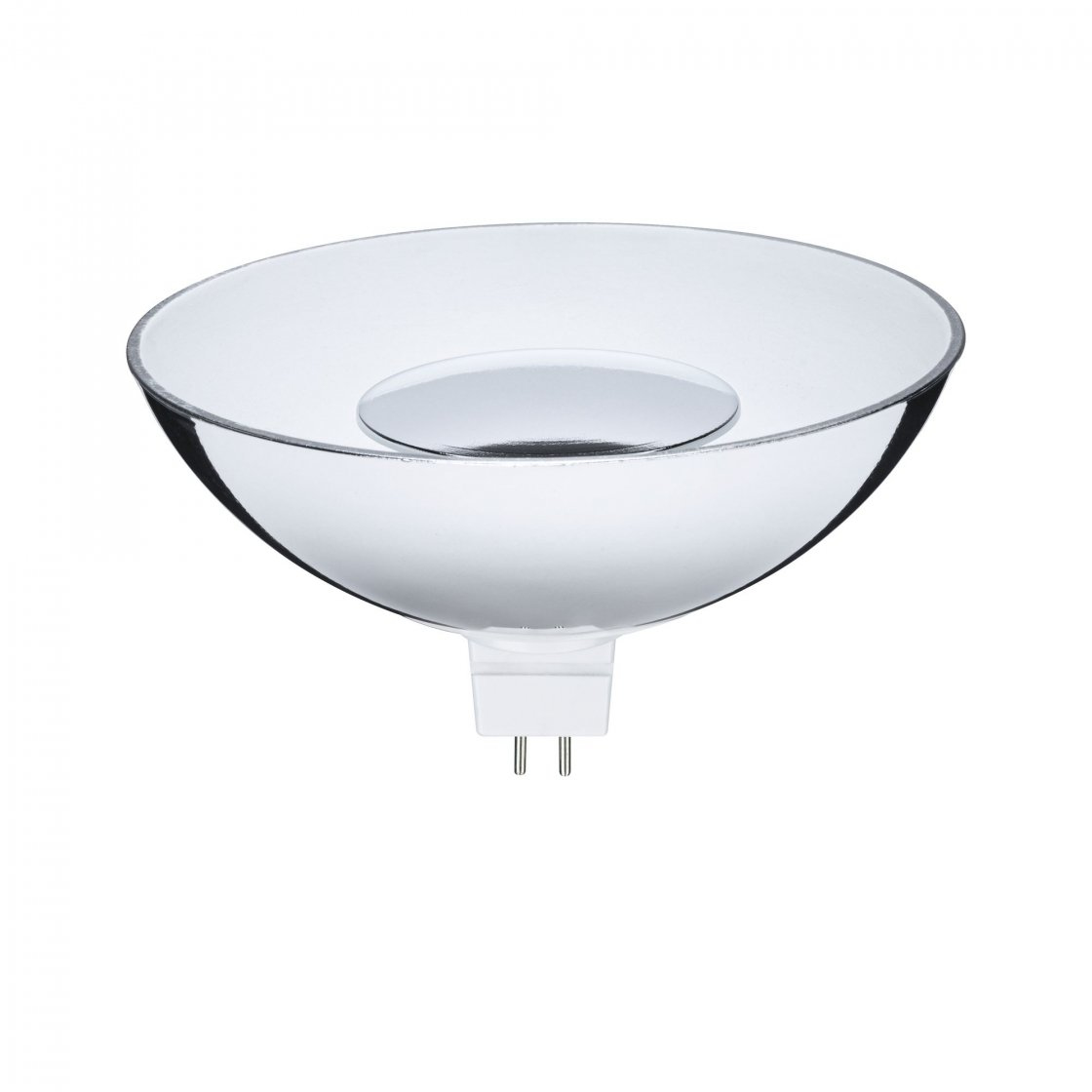 Przezroczysty szklany reflektor żarówki z małą, odblaskową tarczą pośrodku. Ma dwa piny na dole i znajduje się na białym tle.