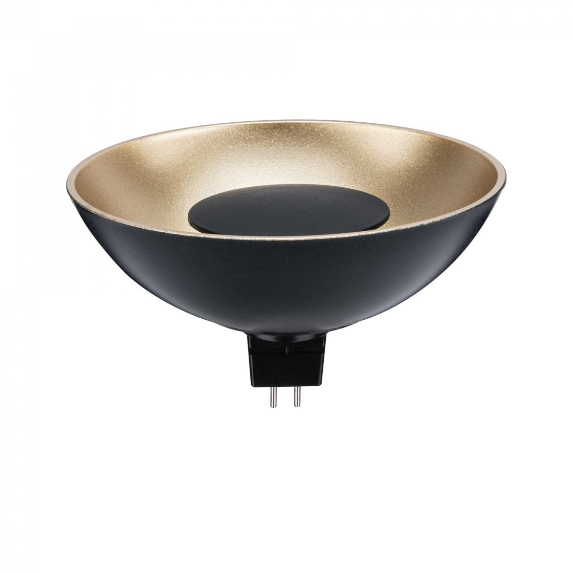 Czarna miska ze złotym wnętrzem i czarnym dyskiem pośrodku. Ma czarną podstawę z dwoma bolcami. Białe tło.