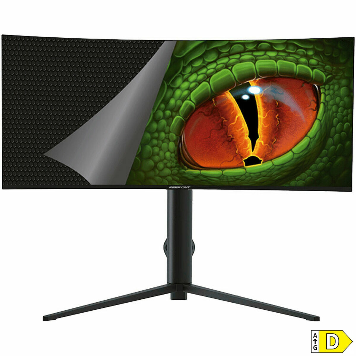 Zakrzywiony monitor z okiem smoka na ekranie. Ekran jest zielony i czerwony, z czarną podstawą. Etykieta energetyczna po prawej.