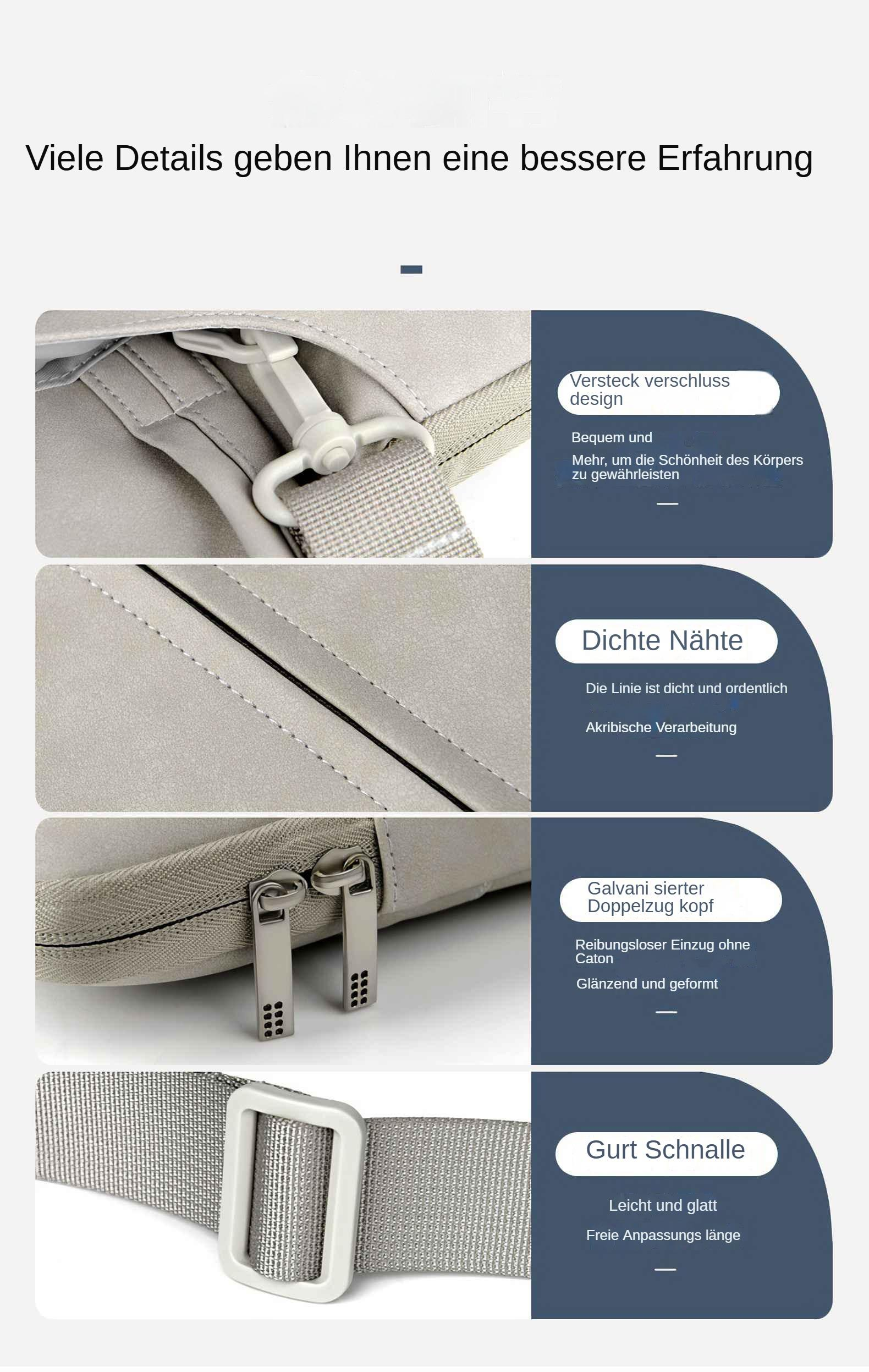 Das Bild zeigt Details einer Tasche: versteckter Verschluss, enge Nähte, Reißverschluss, Schnalle. Text auf Deutsch.