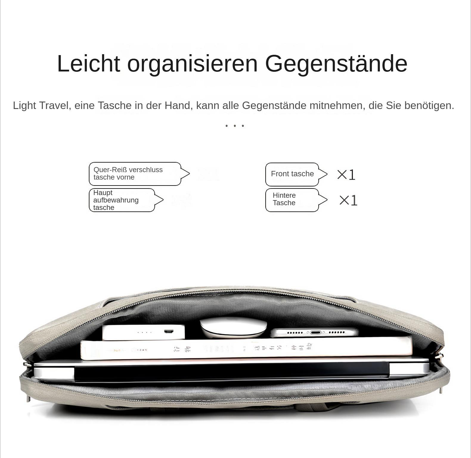 Graue Laptoptasche mit Laptop, Büchern, Maus und Telefon. Text auf Deutsch und Englisch.
