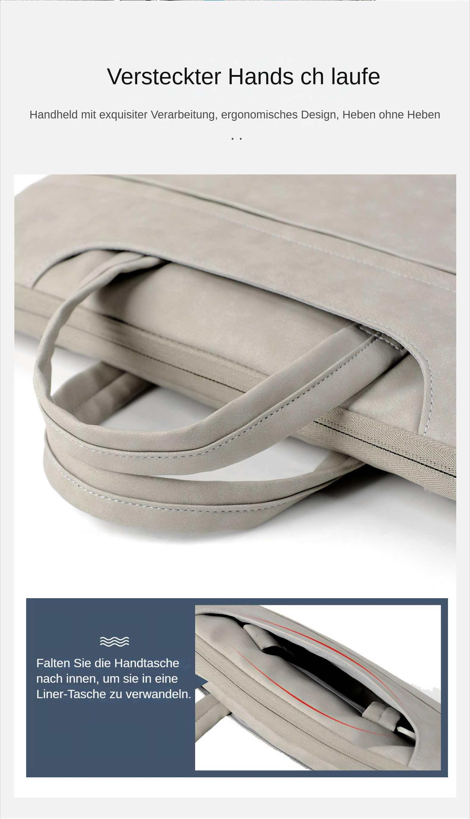 Nahaufnahme einer grauen Handtasche. Der Griff befindet sich oben. Der Text auf dem Bild besagt, dass sie gefaltet werden kann.