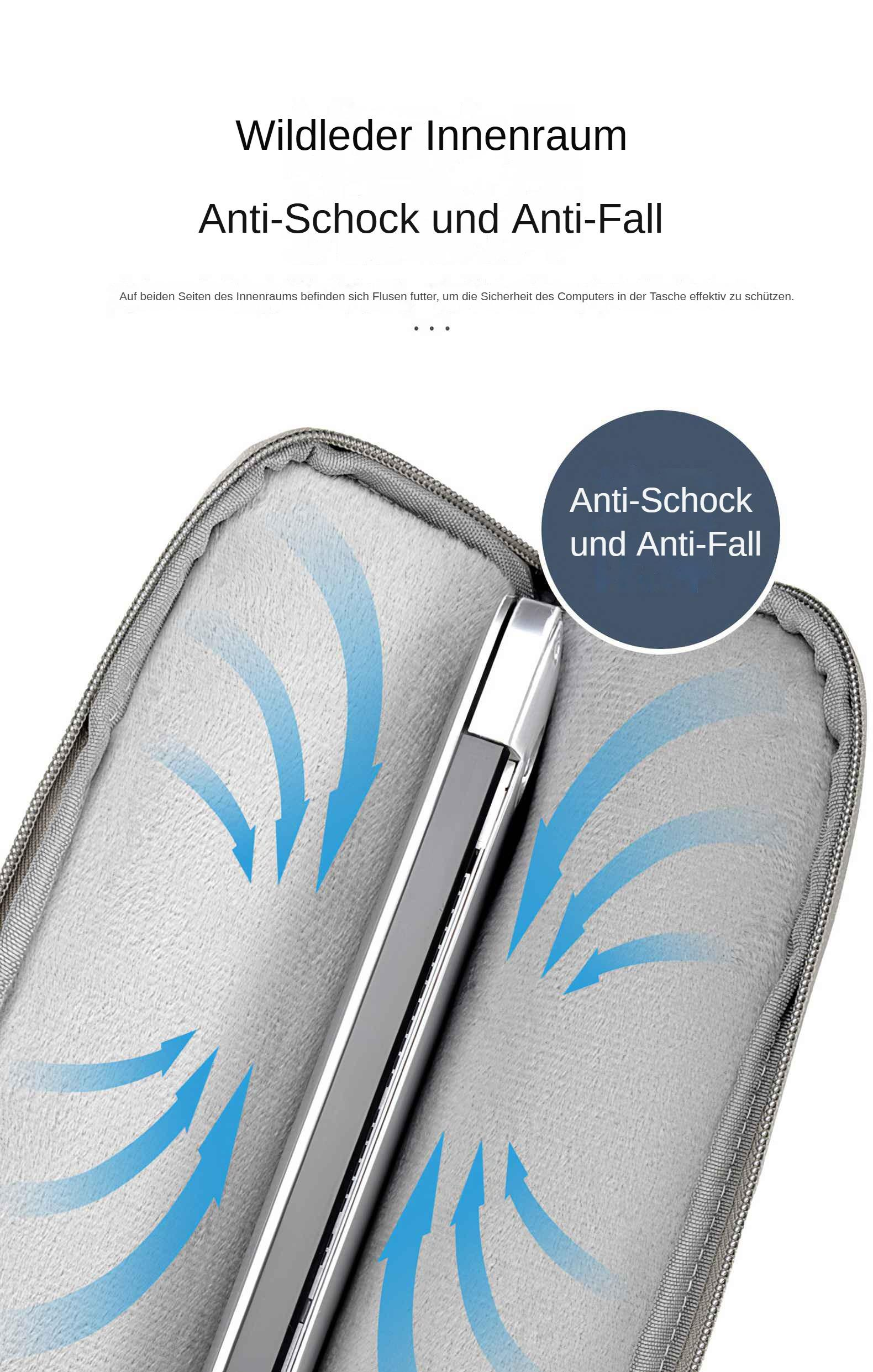 Laptop-Taschen-Innenraum, grau mit teilweise eingelegtem Laptop. Blaue Pfeile zeigen Stoßdämpfung. Text: Anti-Schock und Anti-Fall.