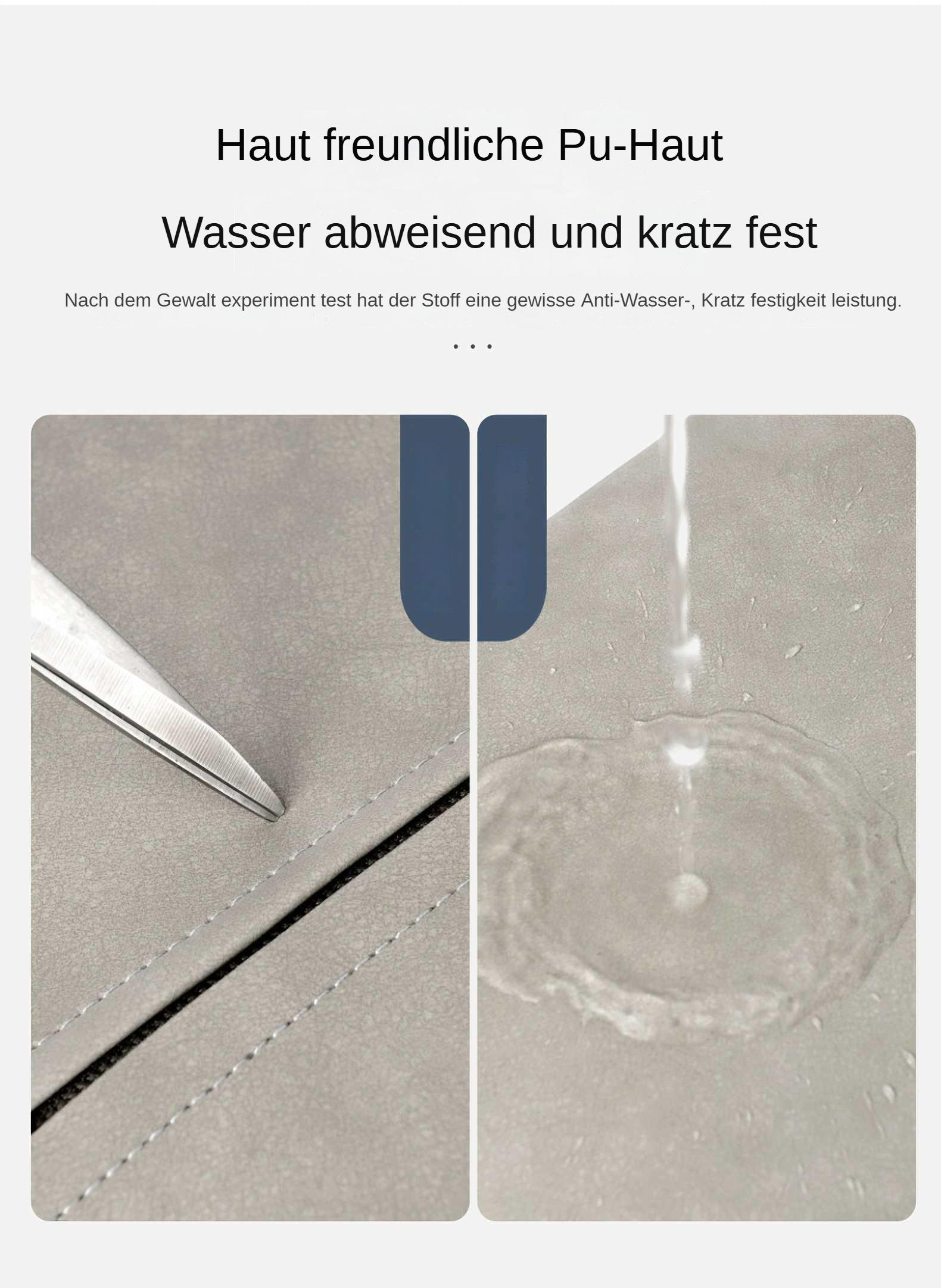 Das Bild zeigt ein graues Material, das auf Wasserbeständigkeit getestet wird. Links eine Schere, rechts Wassertropfen.