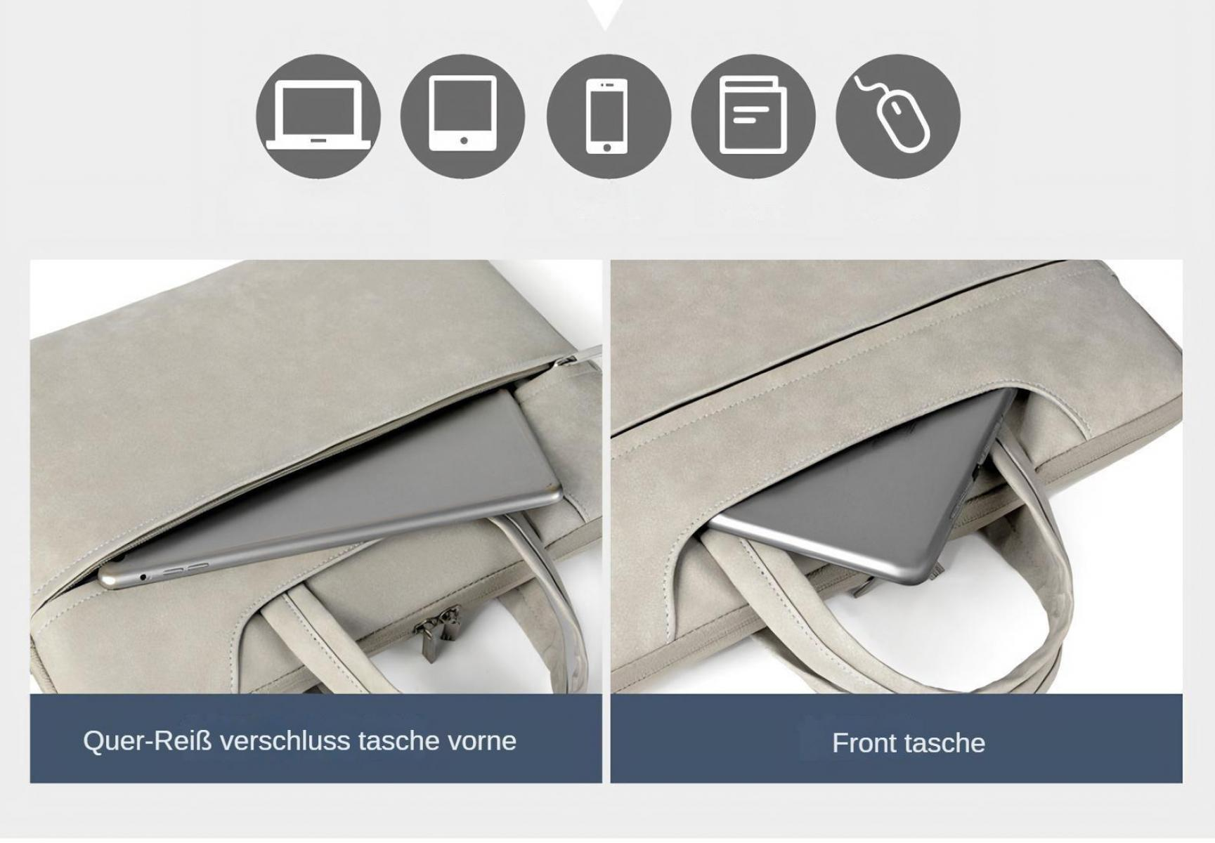 Das Bild zeigt eine Laptoptasche mit einem Tablet darin. Die Tasche ist grau, mit Symbolen darüber. Text unten ist auf Deutsch und Englisch.